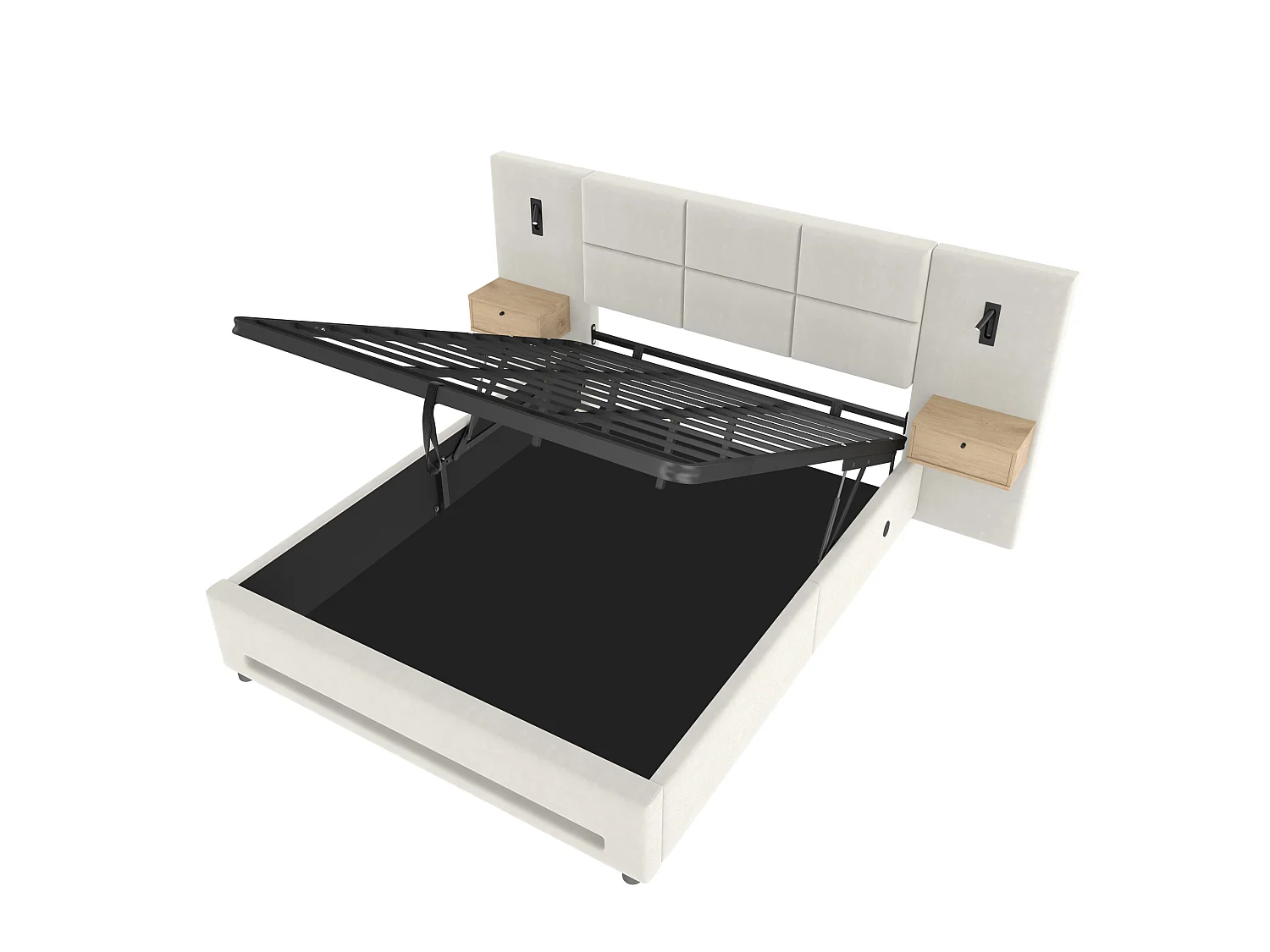 Opbergbed 160x200 cm van beige fluweel met nachtkastje, hoofdeinde met LED, USB- en USB-C-poorten, zonder matras