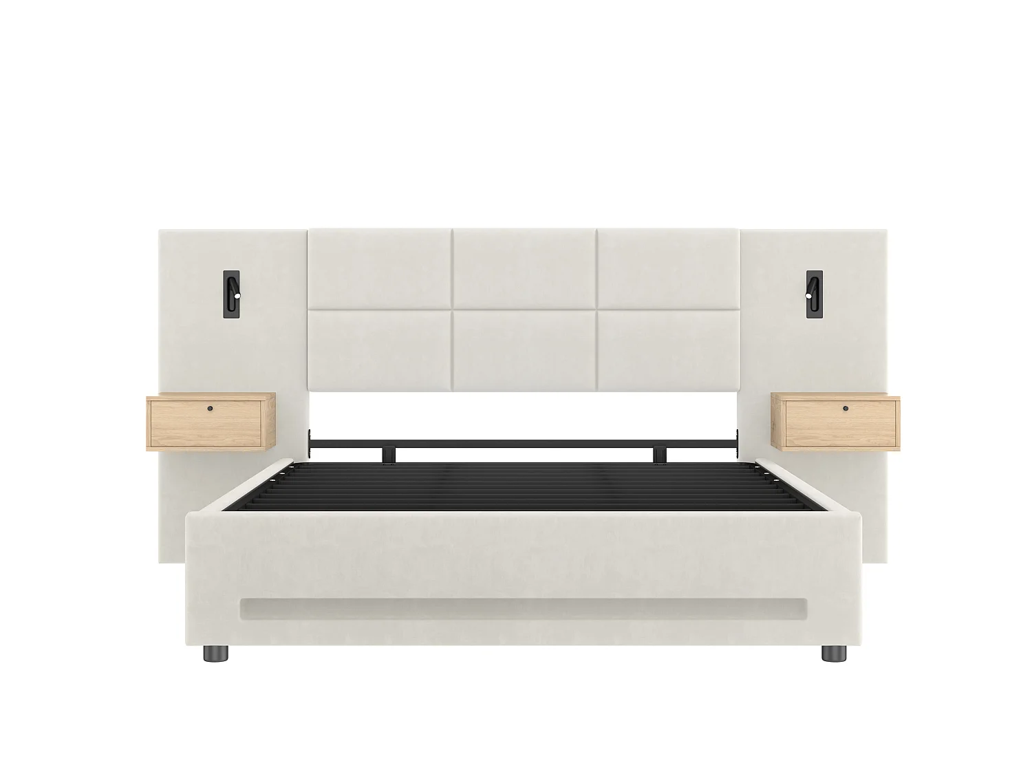 Opbergbed 160x200 cm van beige fluweel met nachtkastje, hoofdeinde met LED, USB- en USB-C-poorten, zonder matras