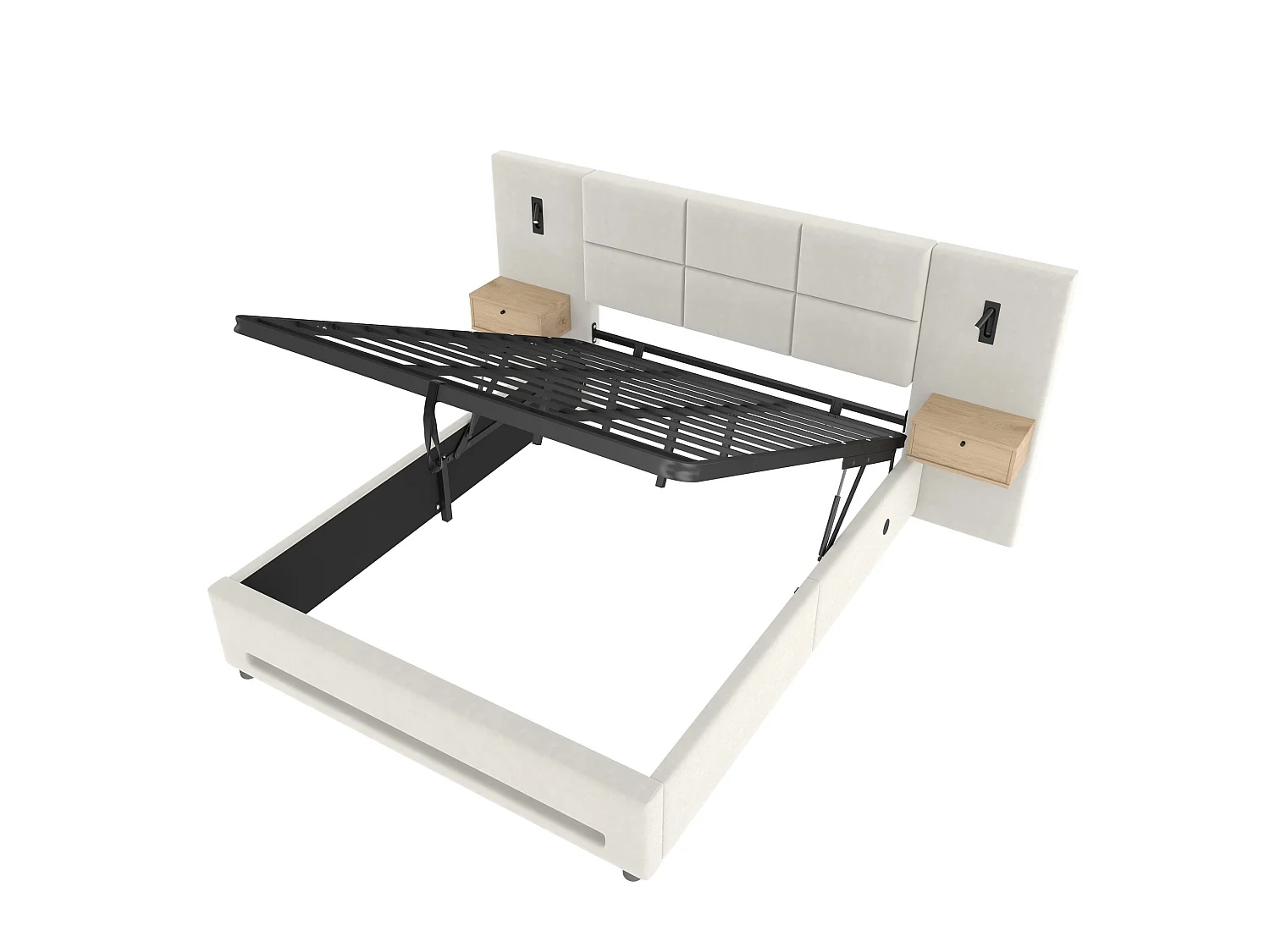 Opbergbed 160x200 cm van beige fluweel met nachtkastje, hoofdeinde met LED, USB- en USB-C-poorten, zonder matras