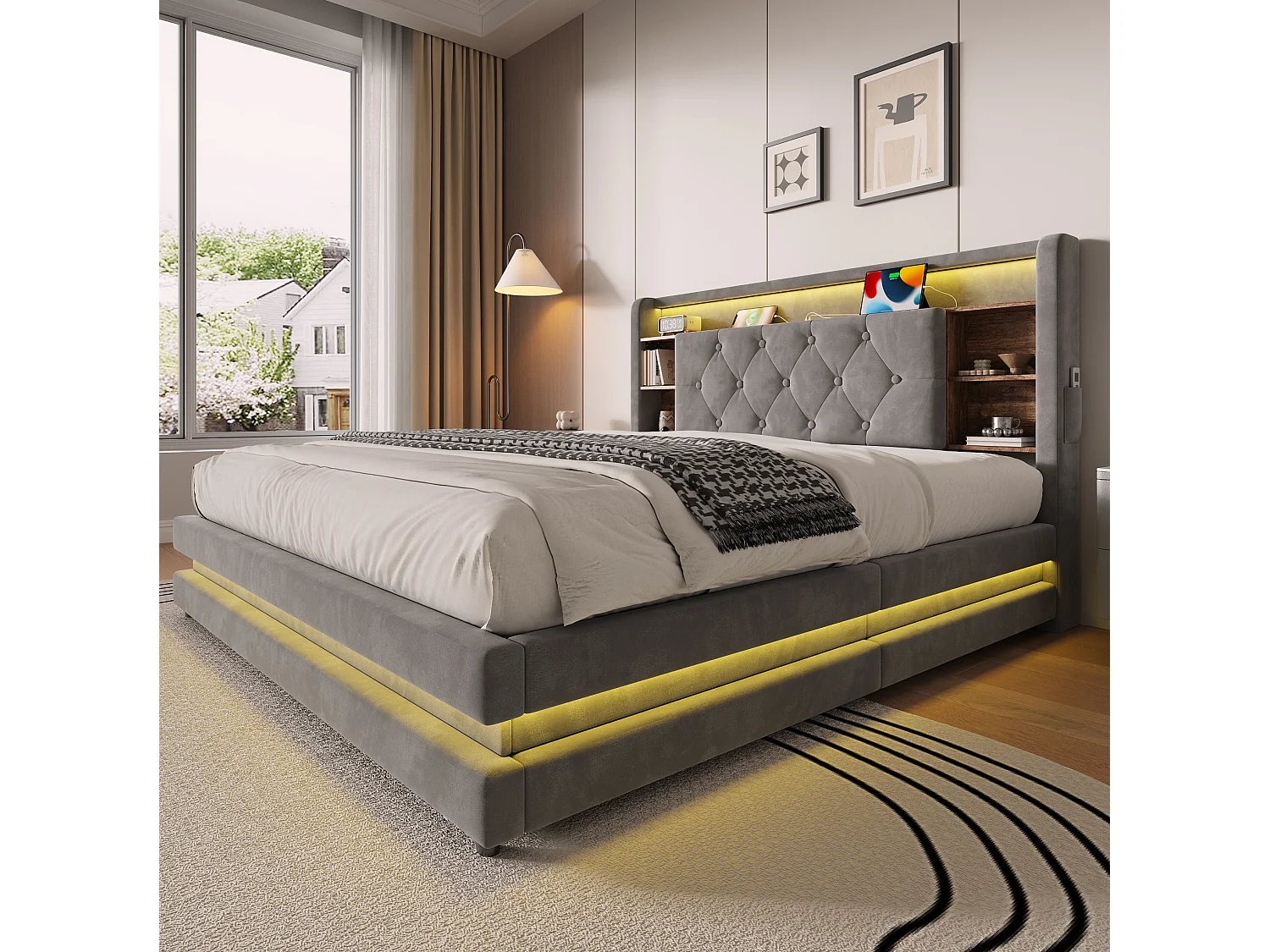 Bettkastenbett 140x200 cm aus dunkelgrauem Velours, LED-Kopfteil mit USB- und USB-C-Anschlüssen, offene Regale, Lattenrost, ohne Matratze
