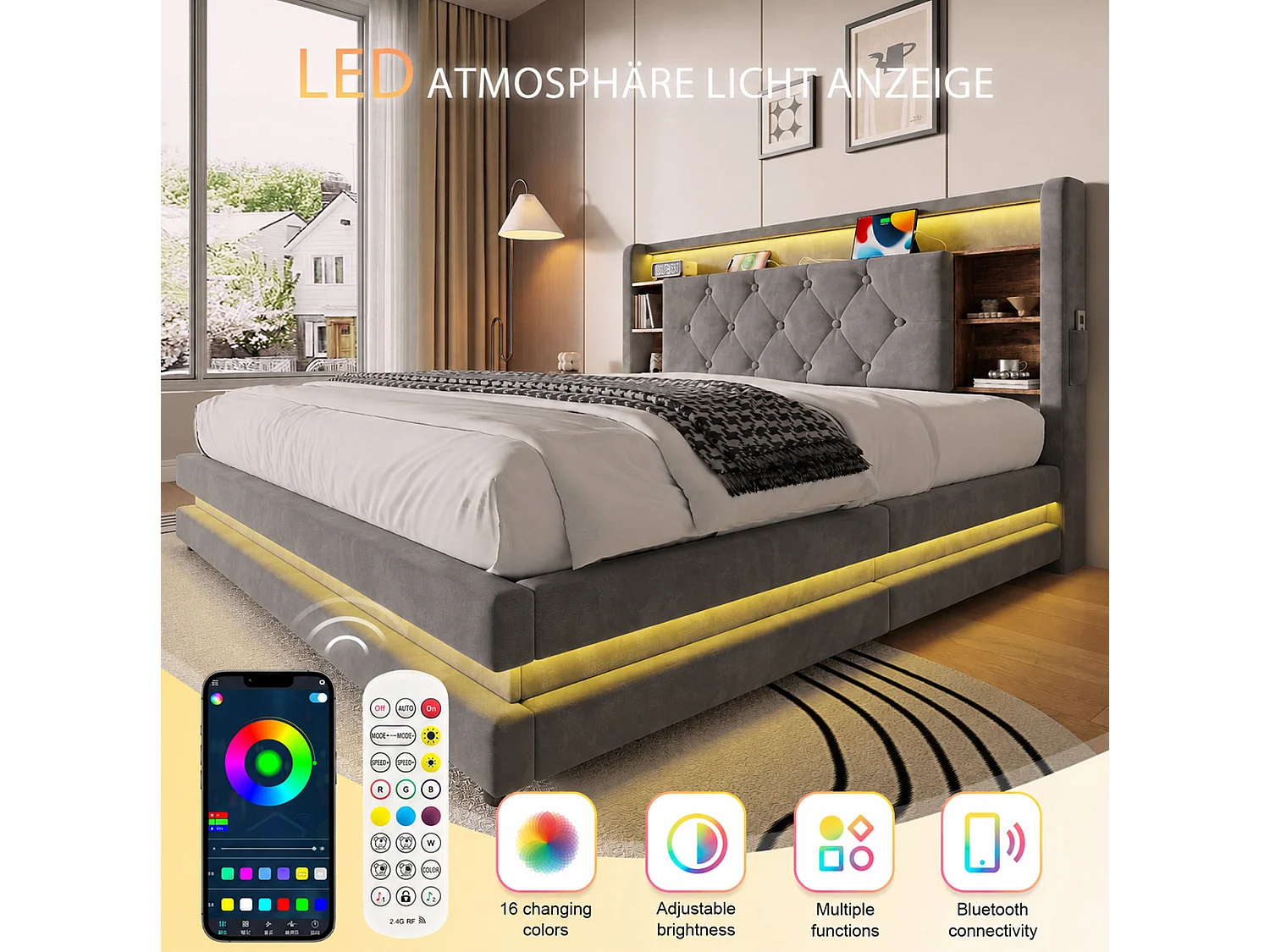 Bettkastenbett 140x200 cm aus dunkelgrauem Velours, LED-Kopfteil mit USB- und USB-C-Anschlüssen, offene Regale, Lattenrost, ohne Matratze