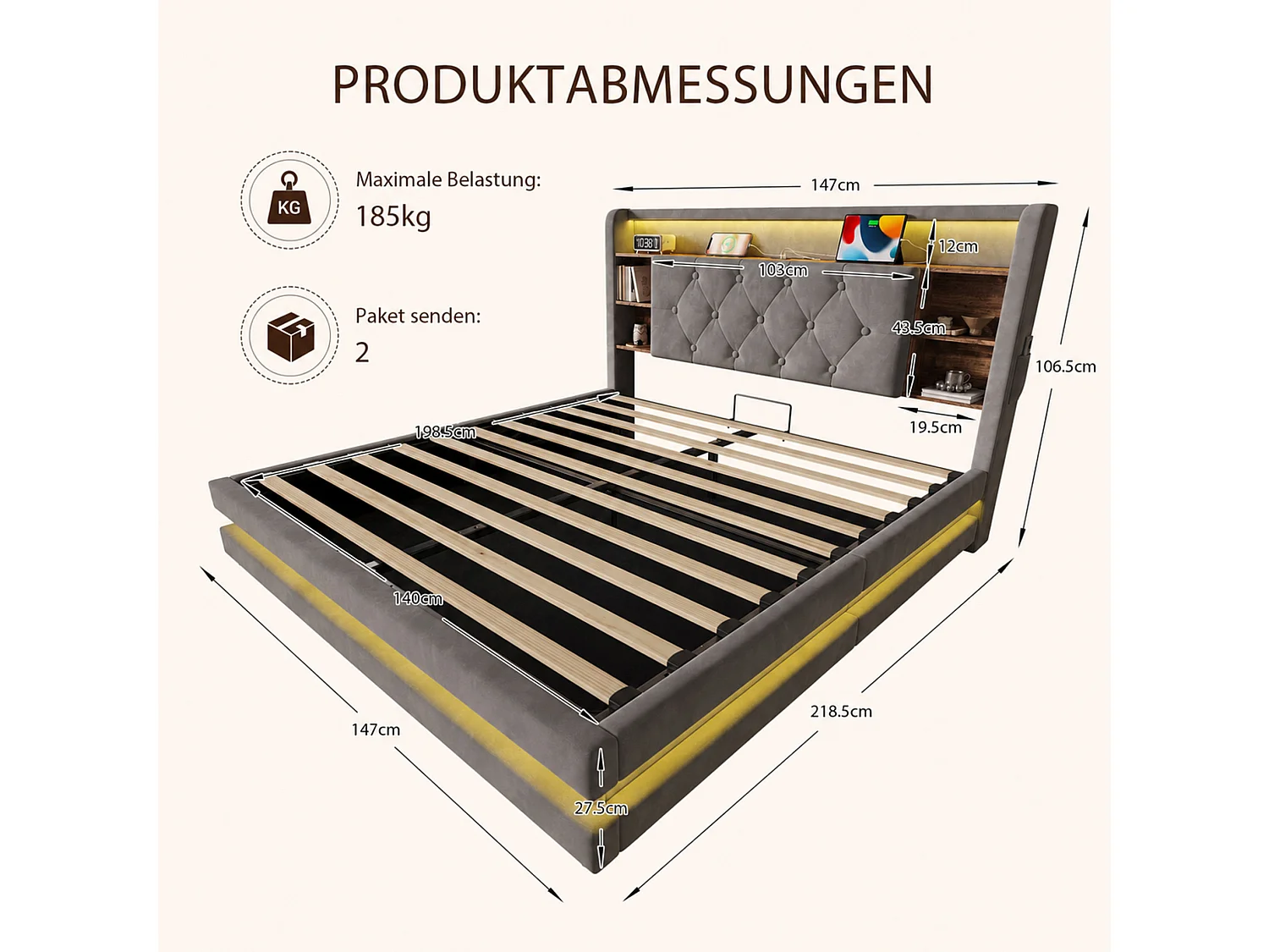 Bettkastenbett 140x200 cm aus dunkelgrauem Velours, LED-Kopfteil mit USB- und USB-C-Anschlüssen, offene Regale, Lattenrost, ohne Matratze