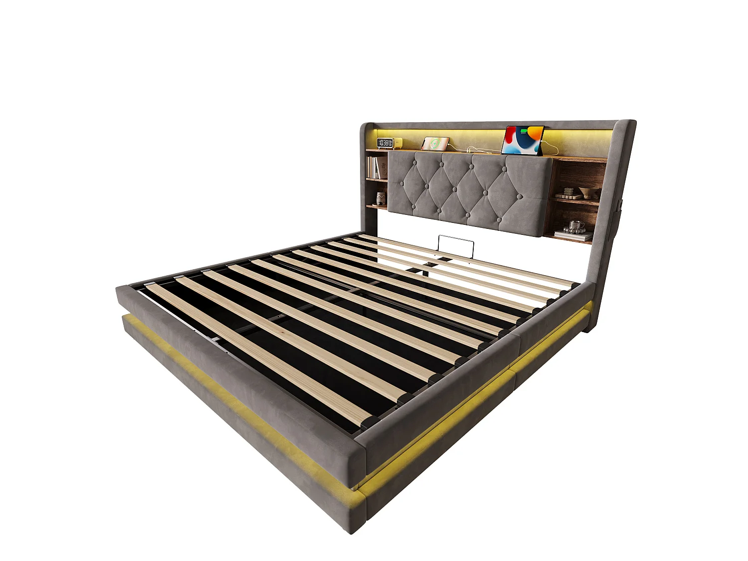 Bettkastenbett 140x200 cm aus dunkelgrauem Velours, LED-Kopfteil mit USB- und USB-C-Anschlüssen, offene Regale, Lattenrost, ohne Matratze