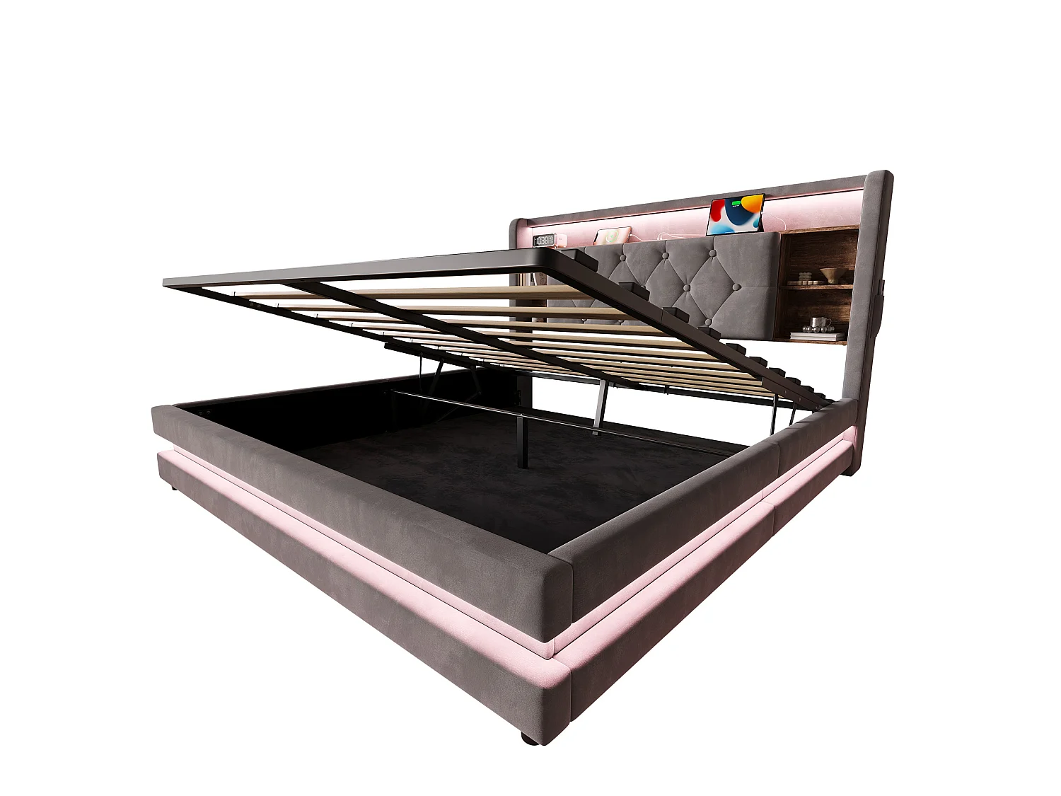 Bettkastenbett 140x200 cm aus dunkelgrauem Velours, LED-Kopfteil mit USB- und USB-C-Anschlüssen, offene Regale, Lattenrost, ohne Matratze