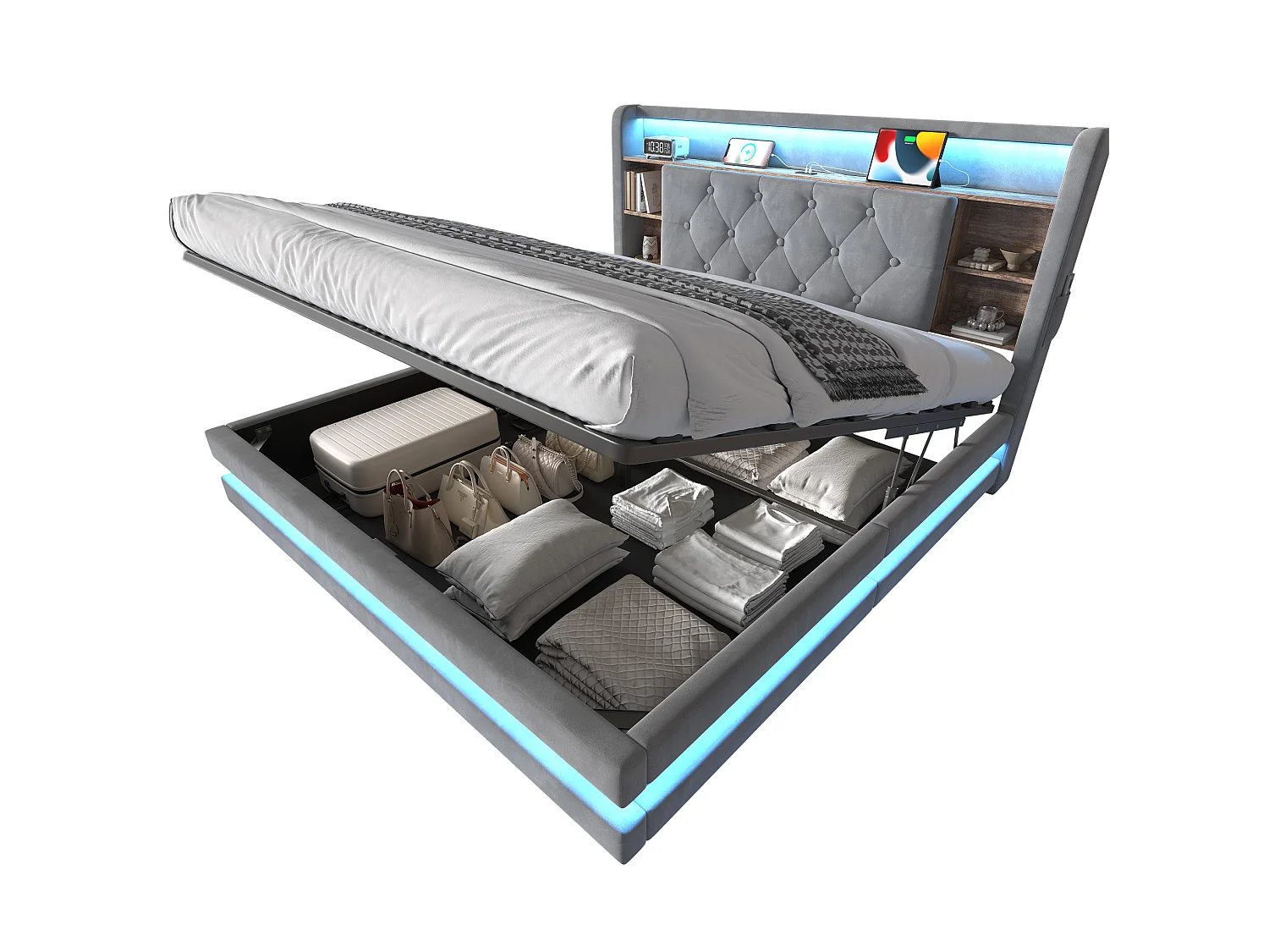 Bettkastenbett 140x200 cm aus dunkelgrauem Velours, LED-Kopfteil mit USB- und USB-C-Anschlüssen, offene Regale, Lattenrost, ohne Matratze