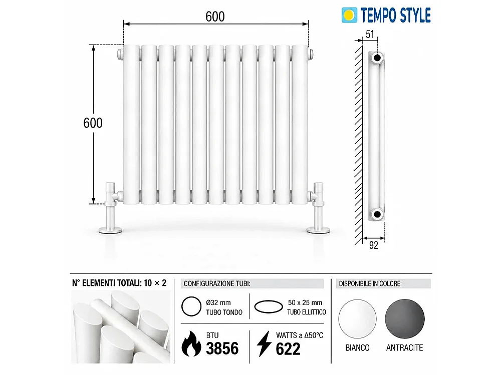 Tempo Style - Radiador 600x600mm | 622W | 3856BTU com 10 elementos de 2x10 - Branco