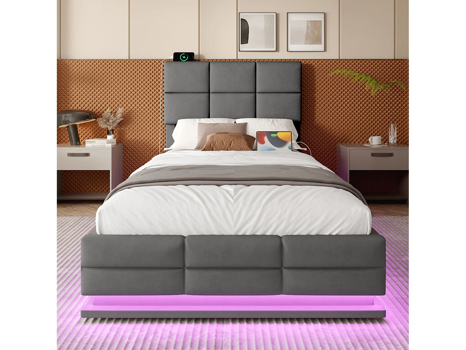 Bettkastenbett 90x200 cm, dunkelgraues Velours, verstellbares LED-Kopfteil, USB-Anschlüsse, ohne Matratze