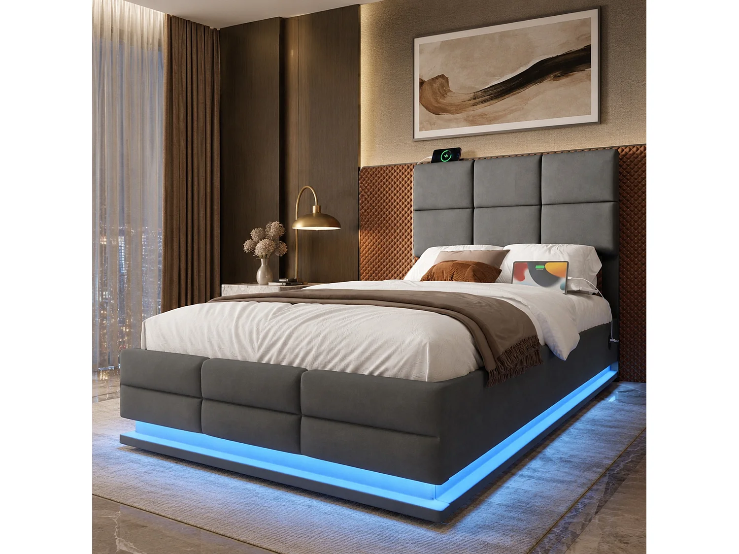 Bettkastenbett 90x200 cm, dunkelgraues Velours, verstellbares LED-Kopfteil, USB-Anschlüsse, ohne Matratze