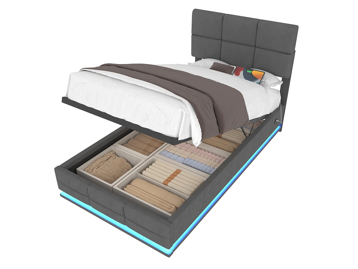 Bettkastenbett 90x200 cm, dunkelgraues Velours, verstellbares LED-Kopfteil, USB-Anschlüsse, ohne Matratze