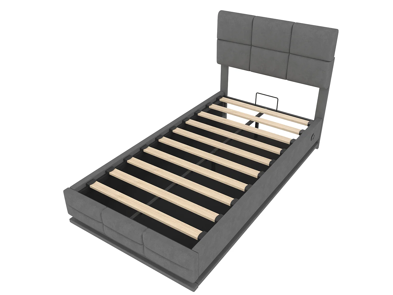 Bettkastenbett 90x200 cm, dunkelgraues Velours, verstellbares LED-Kopfteil, USB-Anschlüsse, ohne Matratze