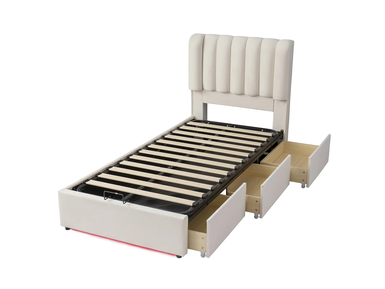 Kinder-Bettkastenbett 90x200 cm aus beigem Velours, 3 Schubladen und LED-Beleuchtung, ohne Matratze