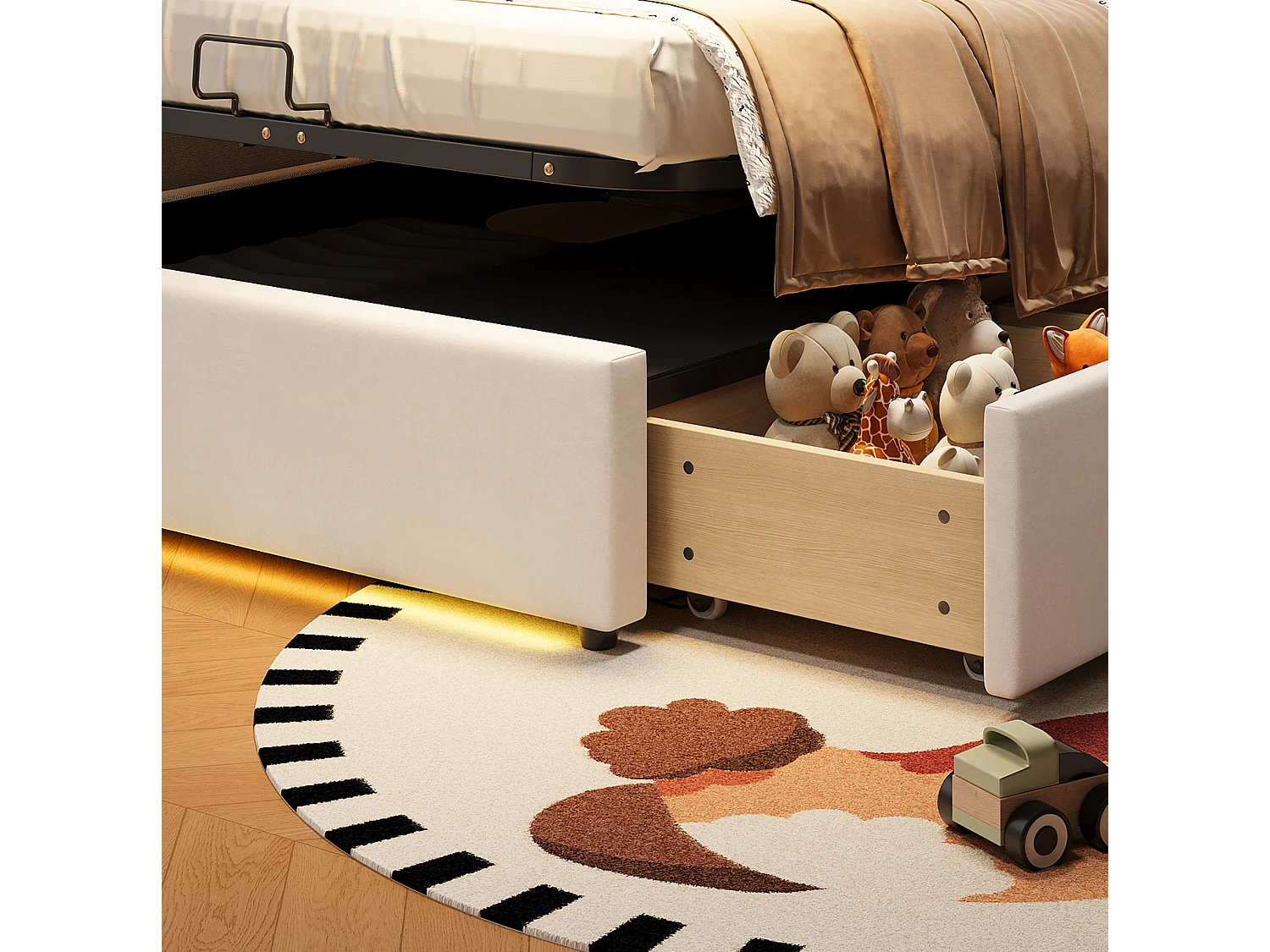 Kinder-Bettkastenbett 90x200 cm aus beigem Velours, 3 Schubladen und LED-Beleuchtung, ohne Matratze