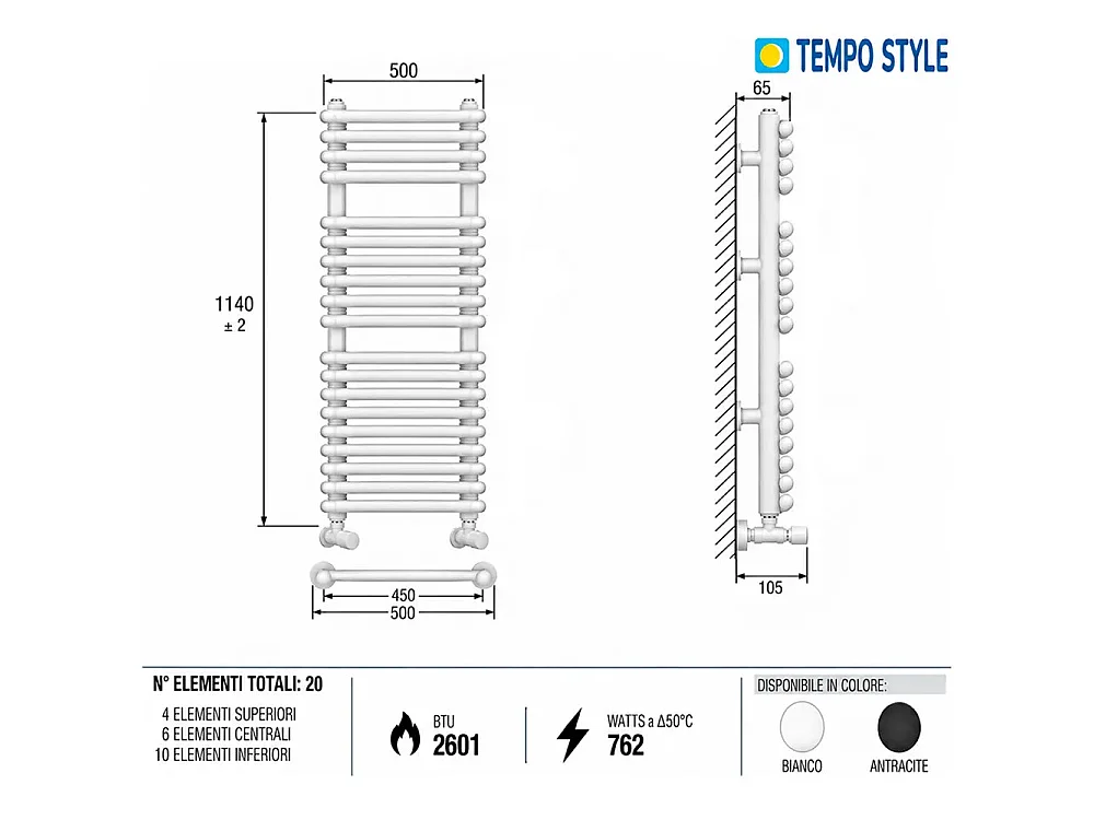Tempo Style - Sèche-serviettes 1140x500 mm | 762 W | Radiateur décoratif 2601 BTU, 20 éléments (4+6+10), blanc