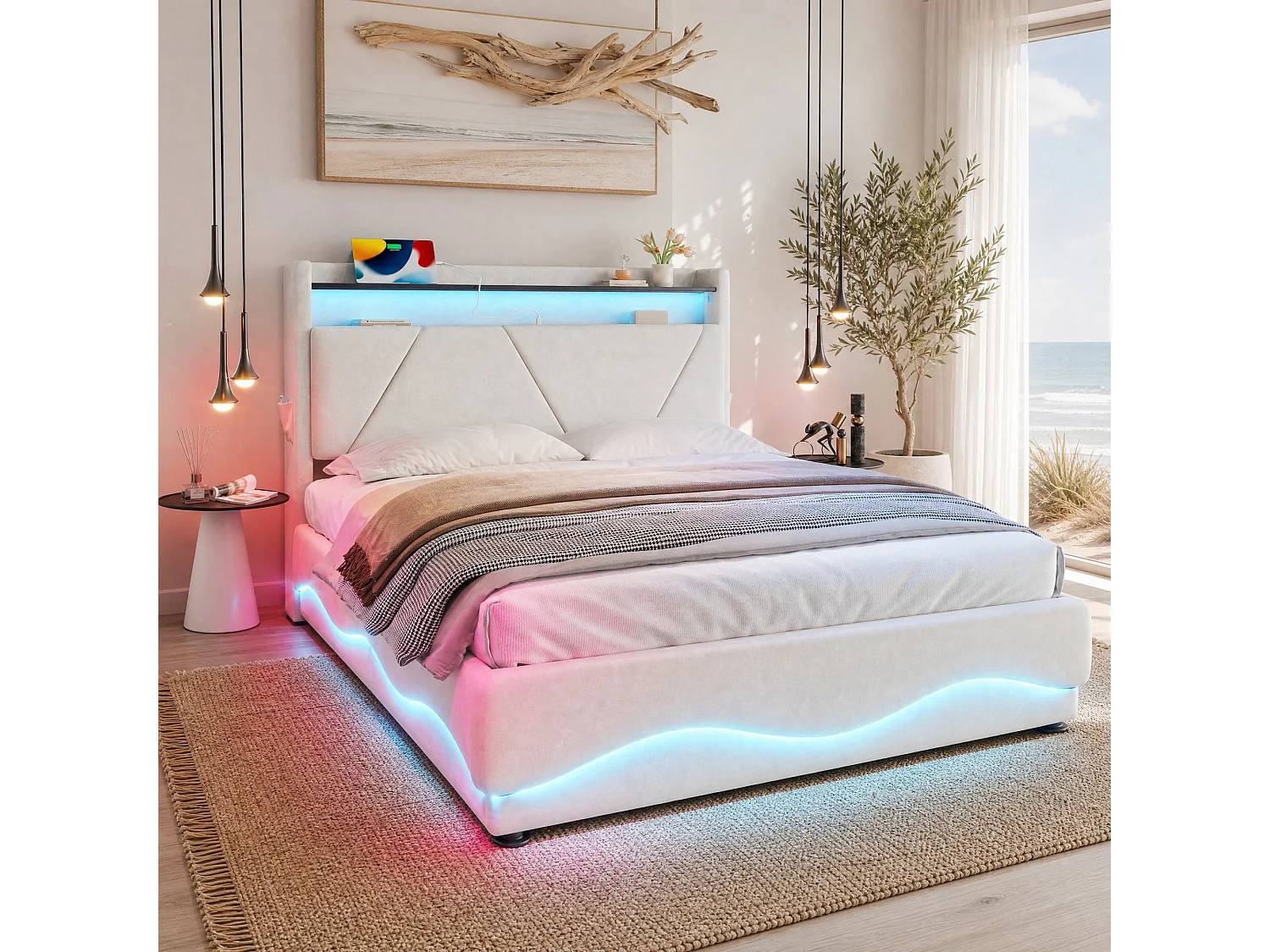 Bettkastenbett 140x200 cm, beiges Velours, LED, Lattenrost mit Hydraulik, USB & USB-C, ohne Matratze