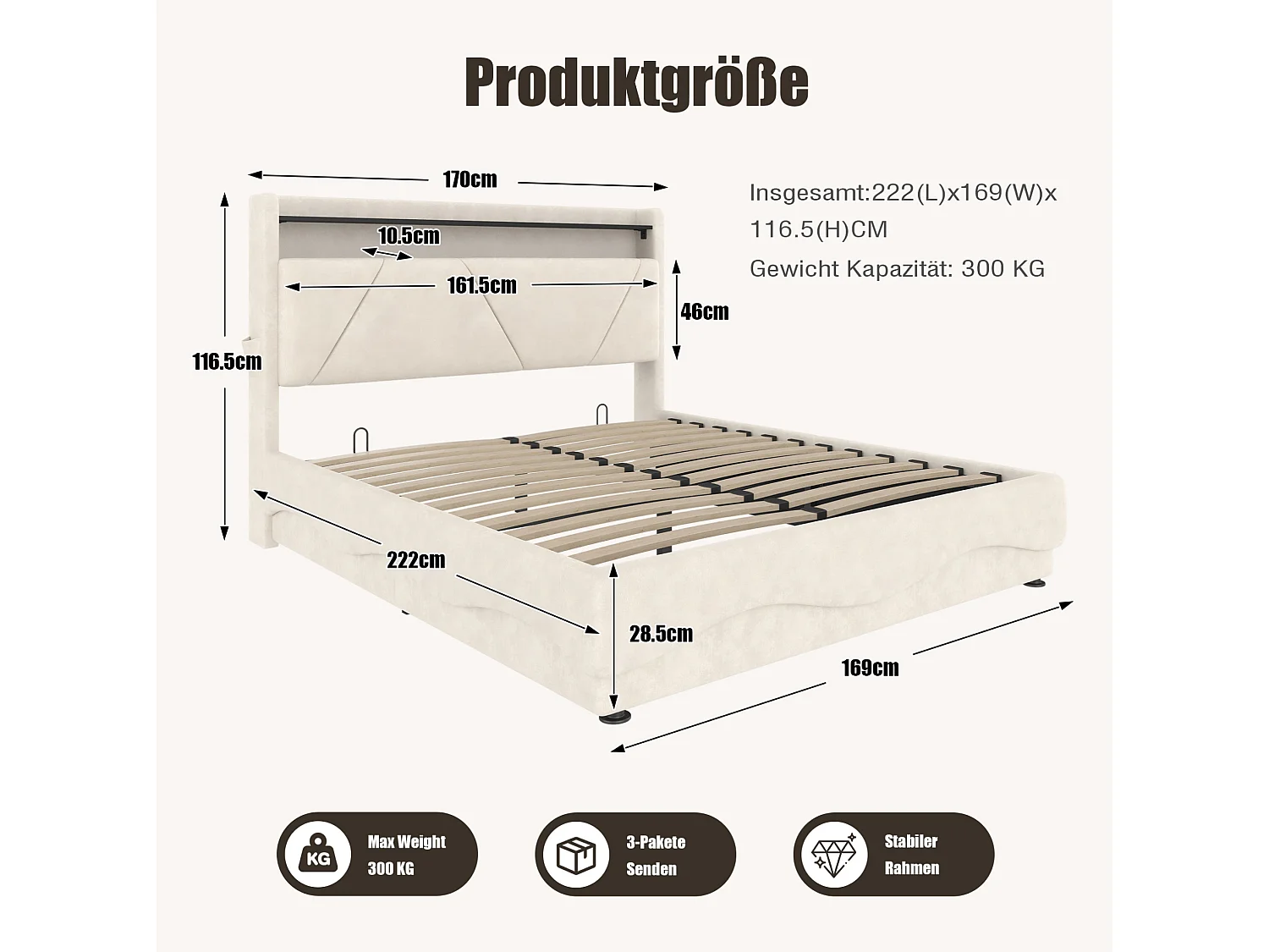 Bettkastenbett 140x200 cm, beiges Velours, LED, Lattenrost mit Hydraulik, USB & USB-C, ohne Matratze