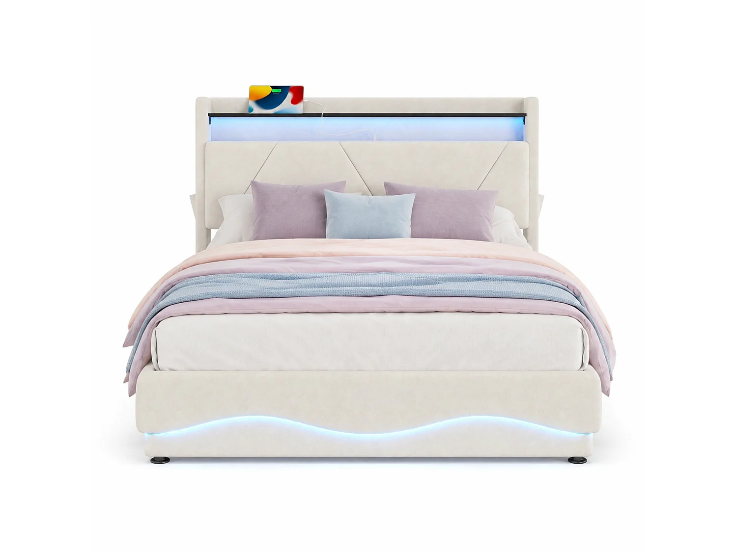 Bettkastenbett 140x200 cm, beiges Velours, LED, Lattenrost mit Hydraulik, USB & USB-C, ohne Matratze