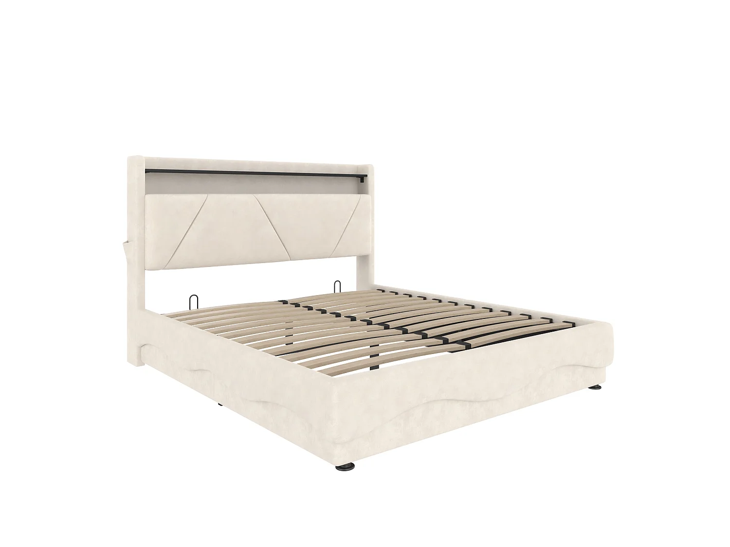 Bettkastenbett 140x200 cm, beiges Velours, LED, Lattenrost mit Hydraulik, USB & USB-C, ohne Matratze