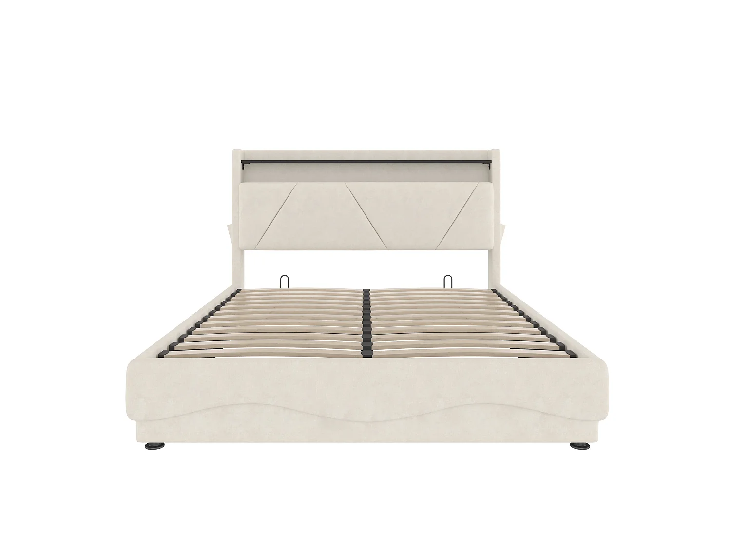 Bettkastenbett 140x200 cm, beiges Velours, LED, Lattenrost mit Hydraulik, USB & USB-C, ohne Matratze