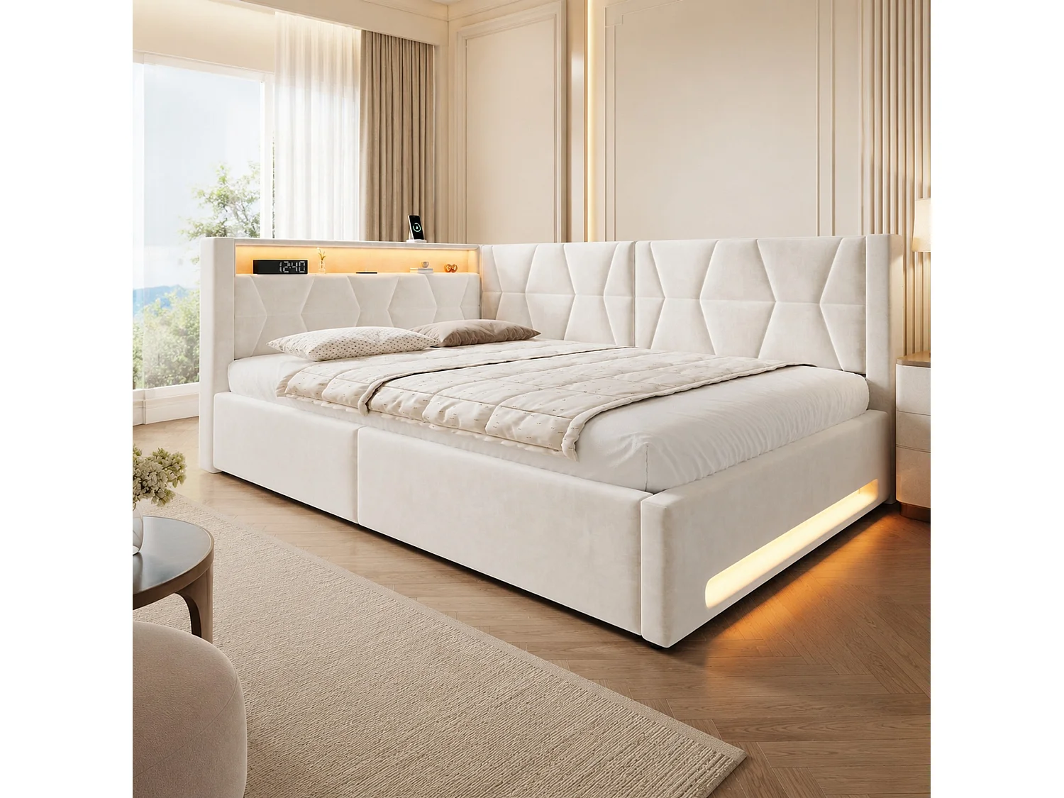 Bettkastenbett 140x200 cm aus beigem Velours, LED-Kopfteil mit USB- und USB-C-Anschlüssen, Lattenrost, ohne Matratze