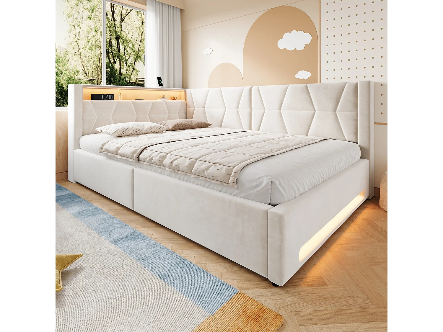 Bettkastenbett 140x200 cm aus beigem Velours, LED-Kopfteil mit USB- und USB-C-Anschlüssen, Lattenrost, ohne Matratze