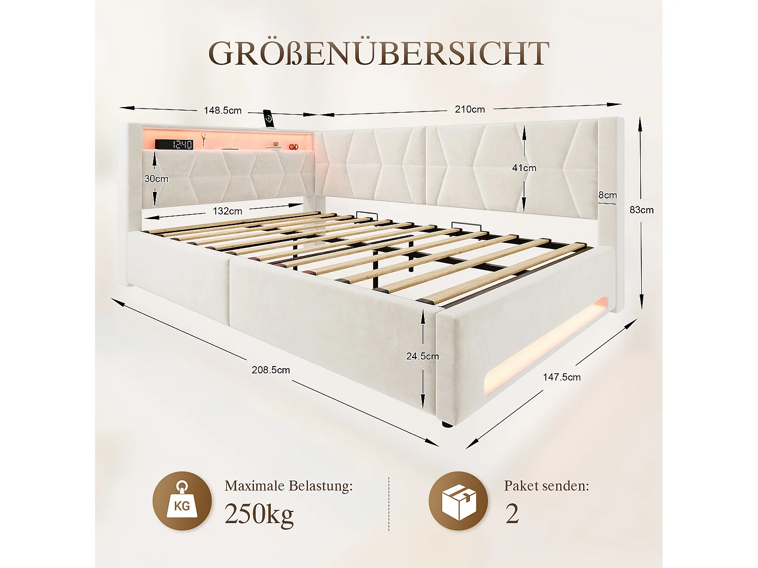 Bettkastenbett 140x200 cm aus beigem Velours, LED-Kopfteil mit USB- und USB-C-Anschlüssen, Lattenrost, ohne Matratze