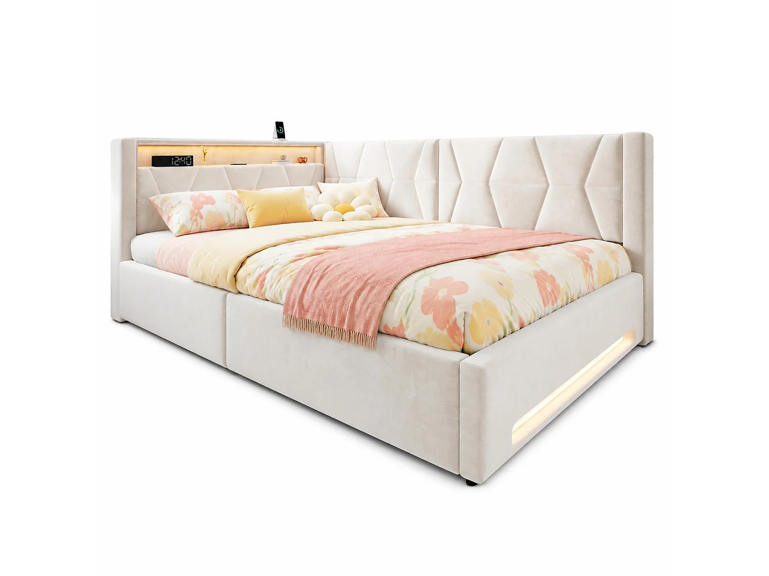 Bettkastenbett 140x200 cm aus beigem Velours, LED-Kopfteil mit USB- und USB-C-Anschlüssen, Lattenrost, ohne Matratze