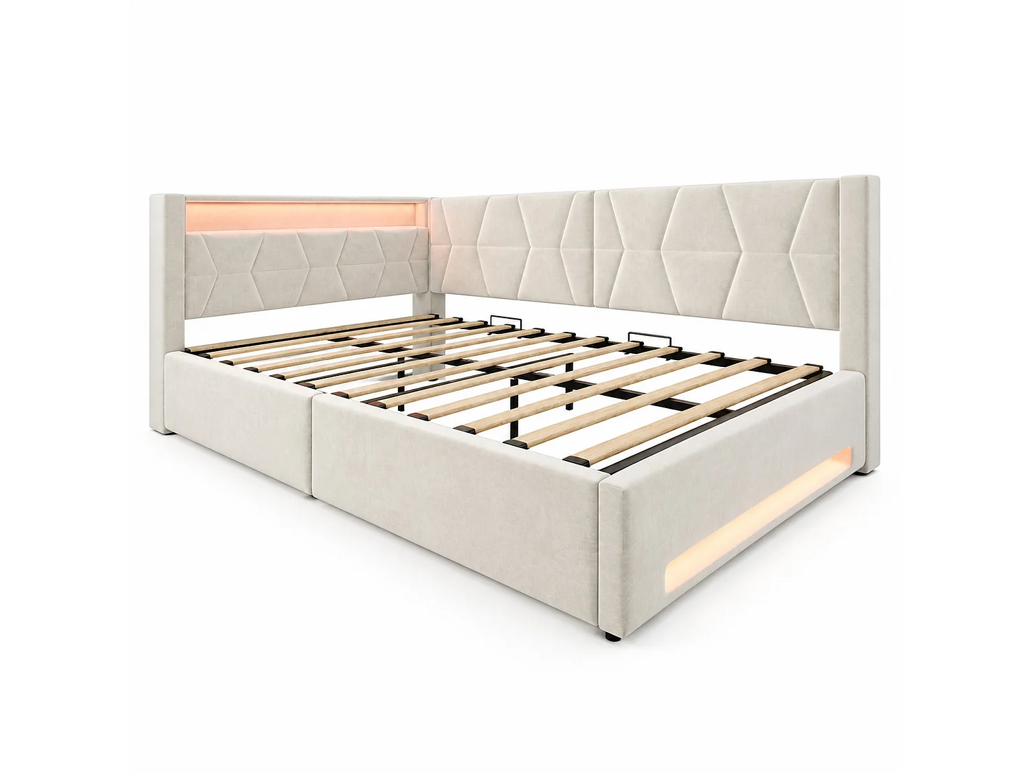 Bettkastenbett 140x200 cm aus beigem Velours, LED-Kopfteil mit USB- und USB-C-Anschlüssen, Lattenrost, ohne Matratze