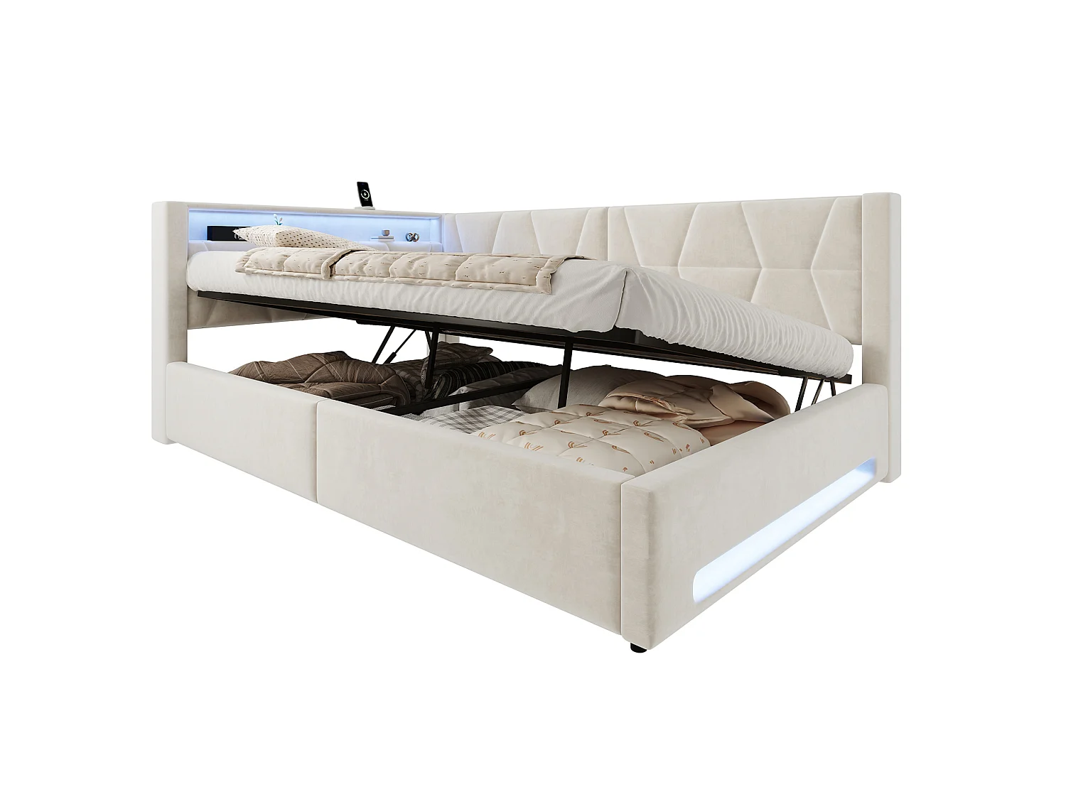 Bettkastenbett 140x200 cm aus beigem Velours, LED-Kopfteil mit USB- und USB-C-Anschlüssen, Lattenrost, ohne Matratze