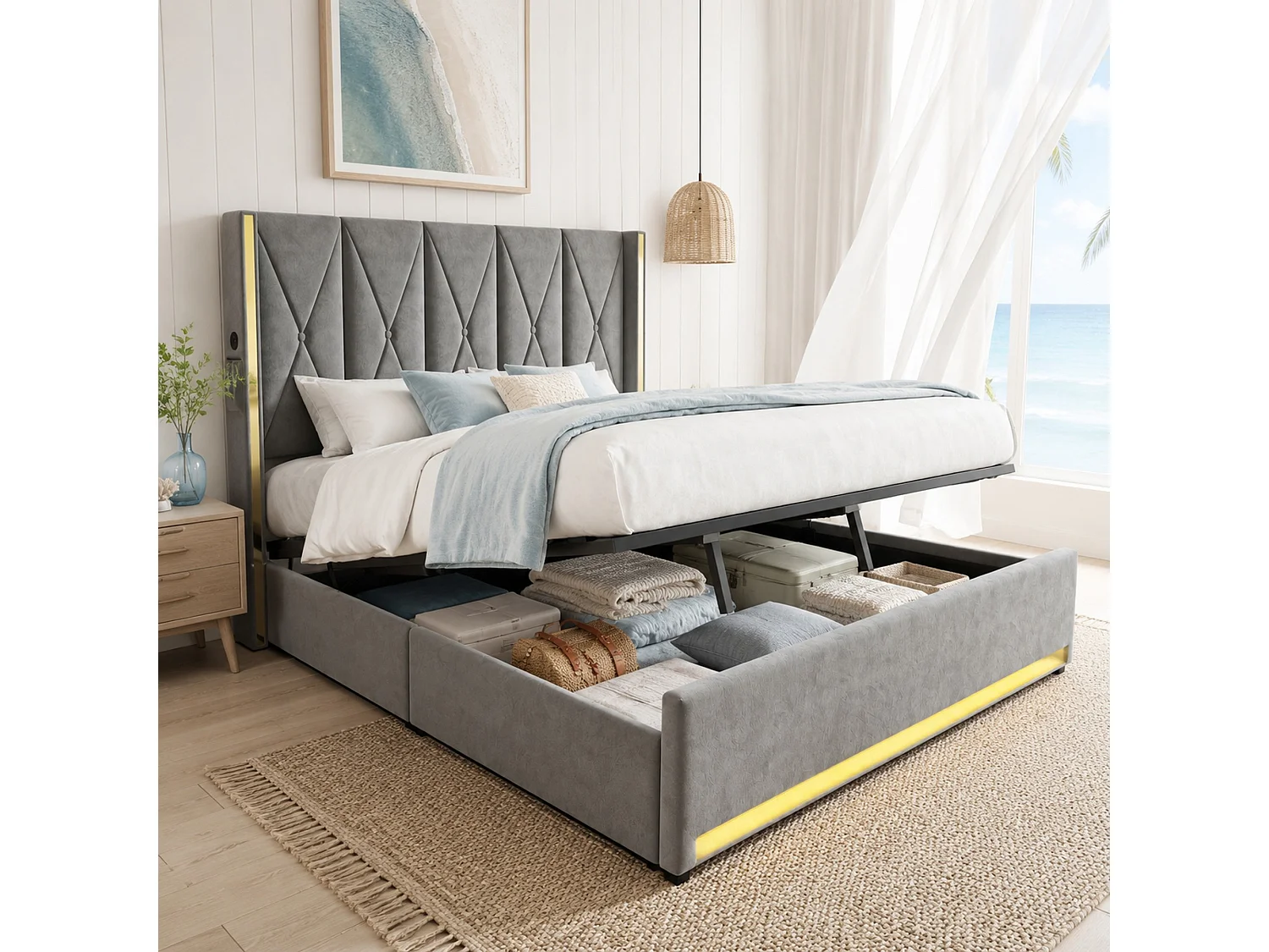 Lit coffre 180x200 cm en velours gris foncé avec tête de lit haute LED, port USB et Type-C et poches latérales, sans matelas