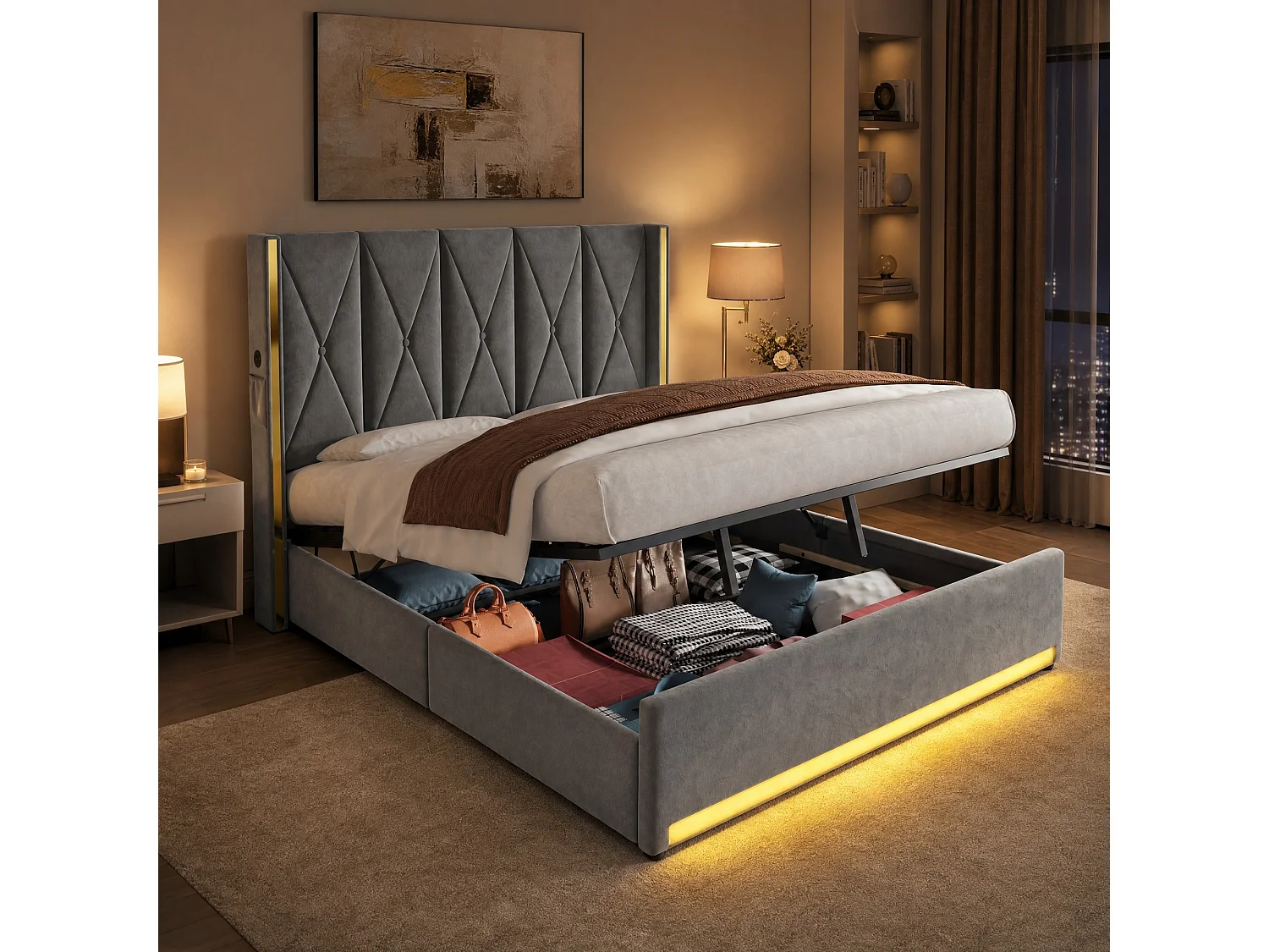 Lit coffre 180x200 cm en velours gris foncé avec tête de lit haute LED, port USB et Type-C et poches latérales, sans matelas