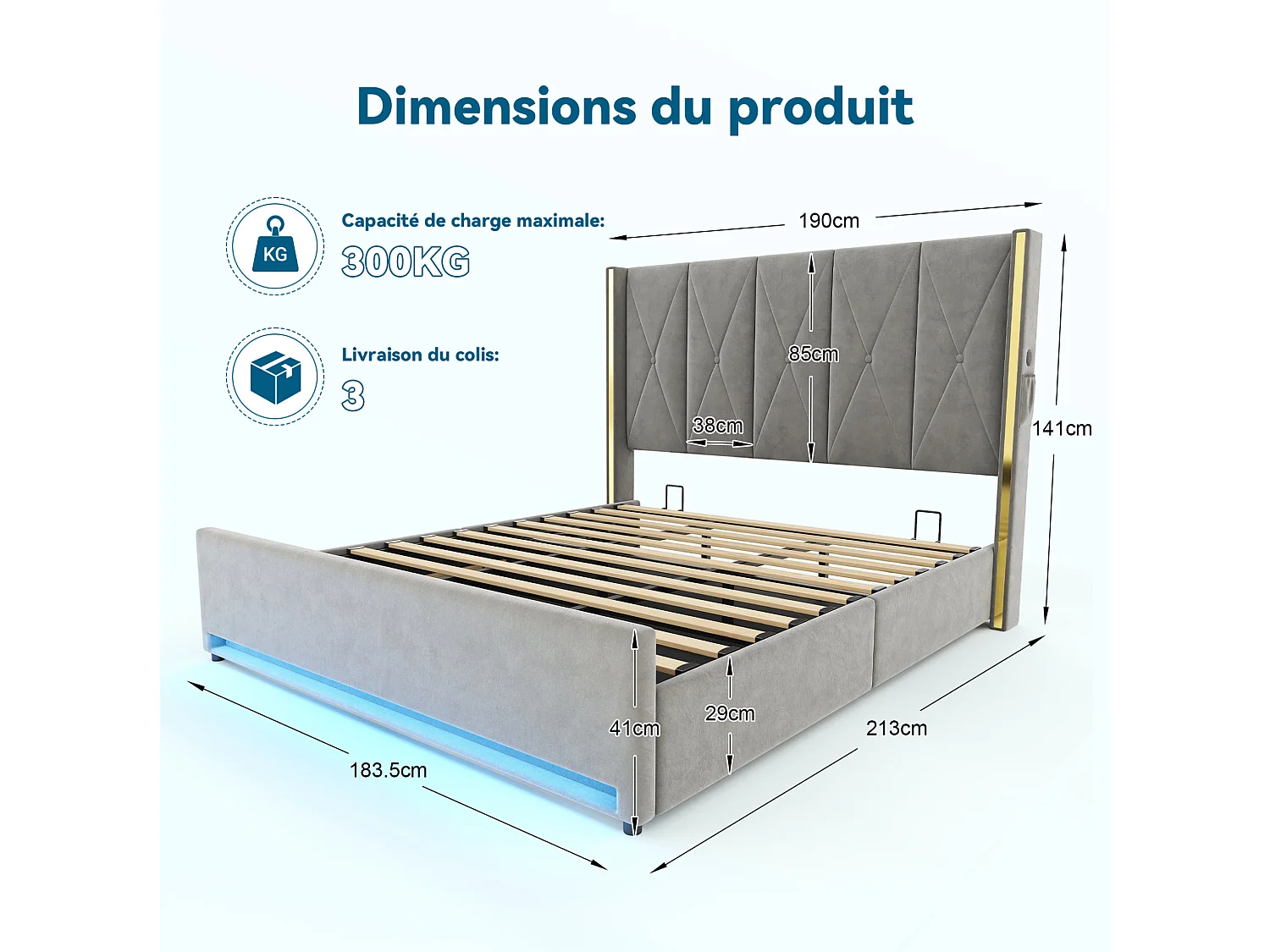 Lit coffre 180x200 cm en velours gris foncé avec tête de lit haute LED, port USB et Type-C et poches latérales, sans matelas