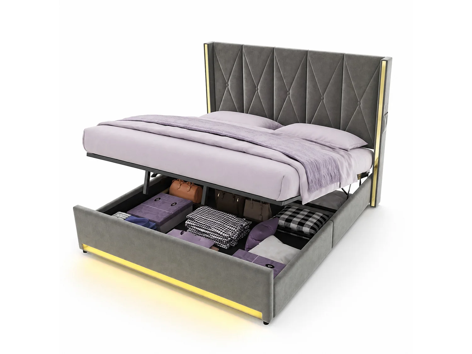Lit coffre 180x200 cm en velours gris foncé avec tête de lit haute LED, port USB et Type-C et poches latérales, sans matelas