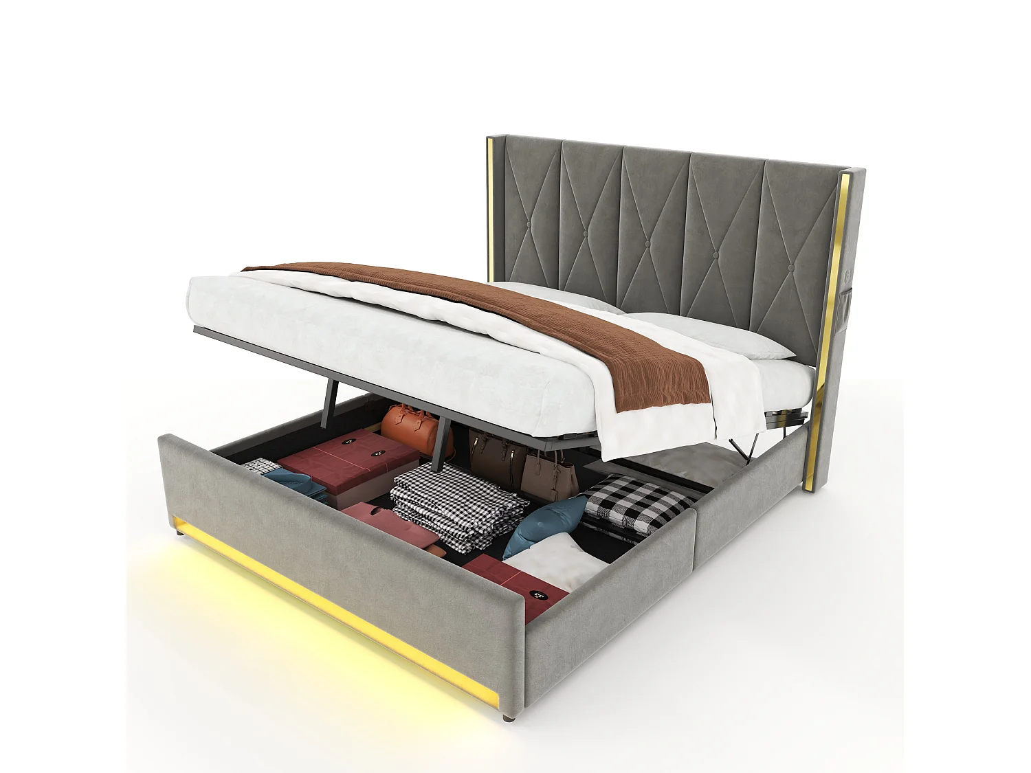 Lit coffre 180x200 cm en velours gris foncé avec tête de lit haute LED, port USB et Type-C et poches latérales, sans matelas