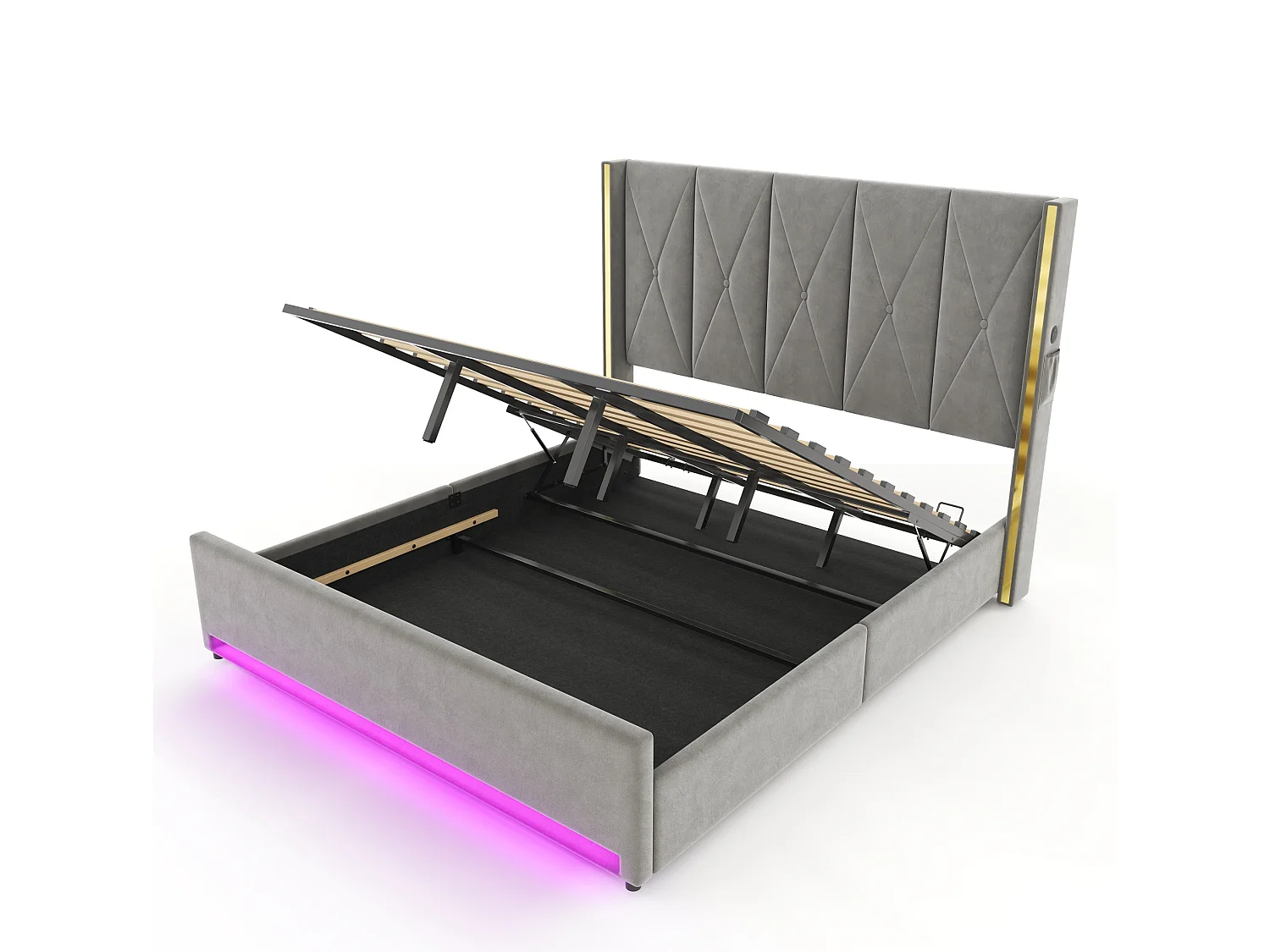 Lit coffre 180x200 cm en velours gris foncé avec tête de lit haute LED, port USB et Type-C et poches latérales, sans matelas