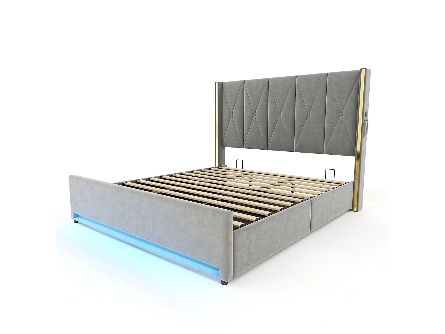 Lit coffre 180x200 cm en velours gris foncé avec tête de lit haute LED, port USB et Type-C et poches latérales, sans matelas