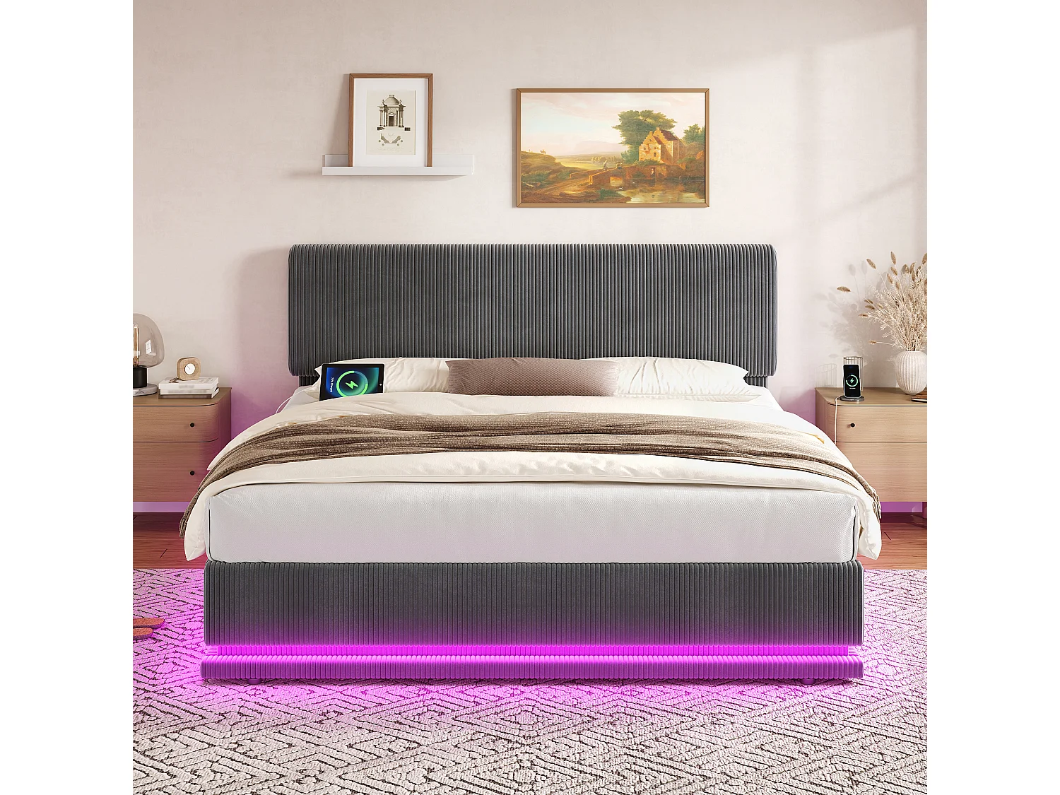 Bettkastenbett 180x200 cm aus dunkelgrauem Kordvelours, verstellbares Kopfteil mit LED und USB-C-Anschluss, ohne Matratze
