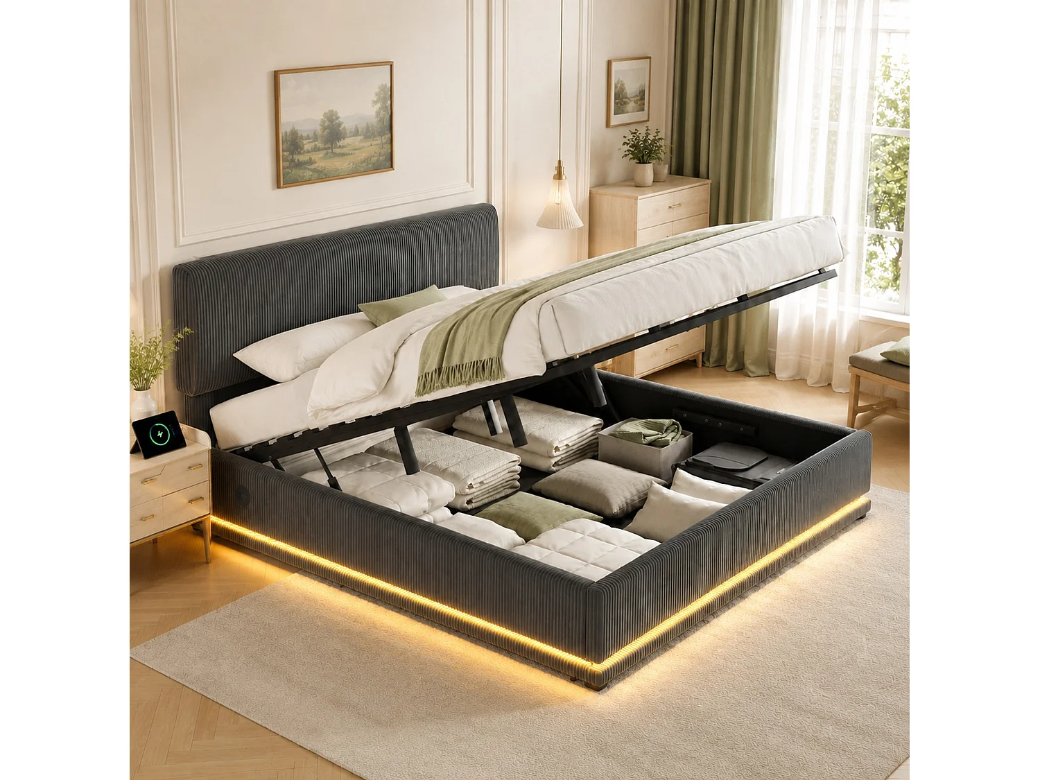 Bettkastenbett 180x200 cm aus dunkelgrauem Kordvelours, verstellbares Kopfteil mit LED und USB-C-Anschluss, ohne Matratze