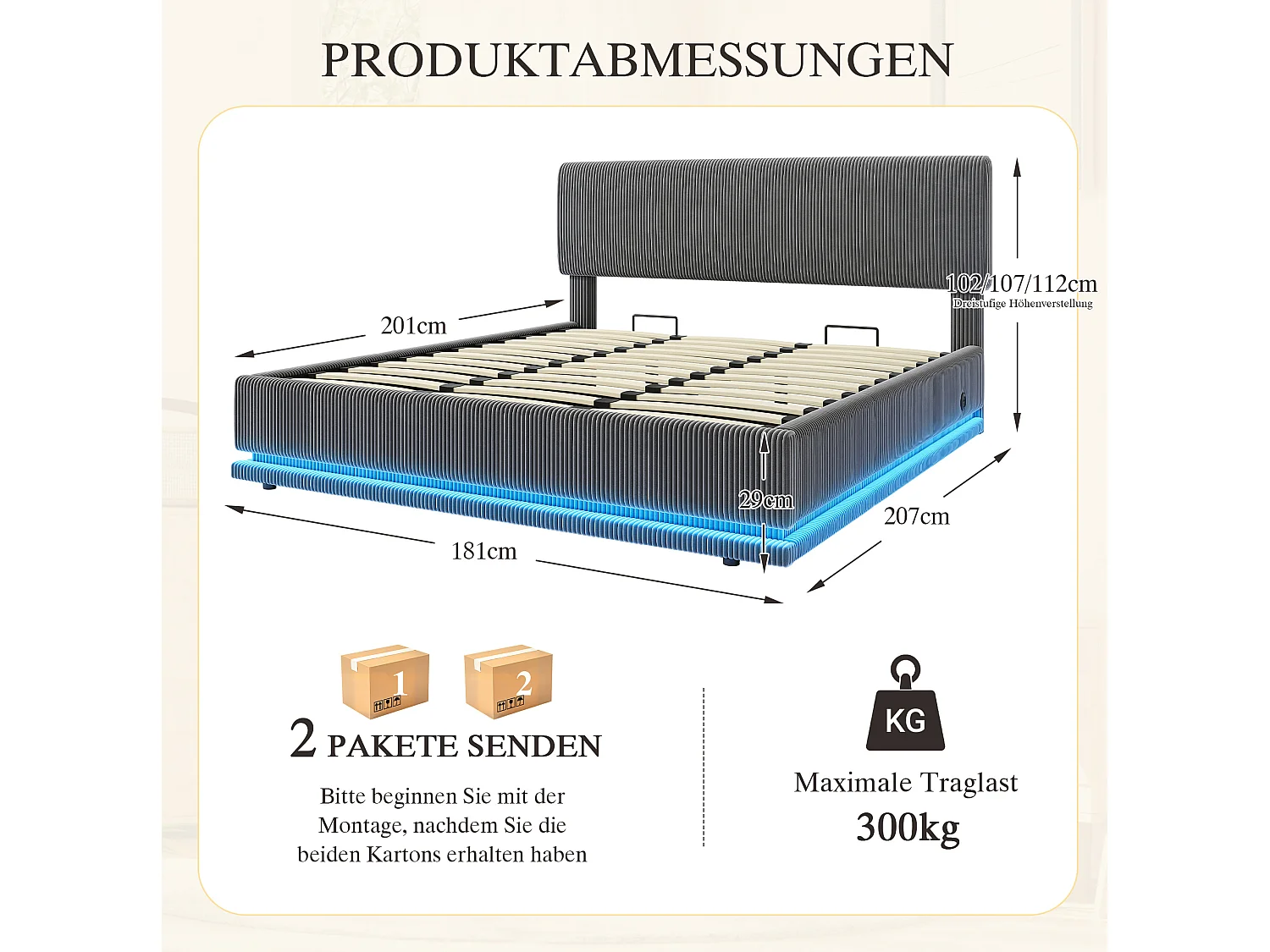 Bettkastenbett 180x200 cm aus dunkelgrauem Kordvelours, verstellbares Kopfteil mit LED und USB-C-Anschluss, ohne Matratze