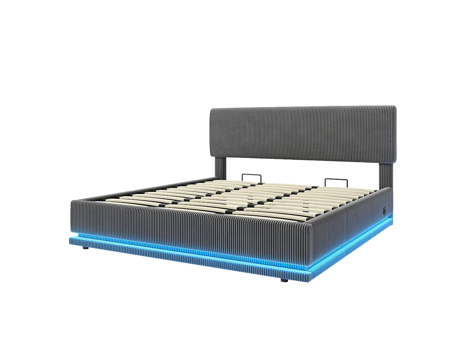Bettkastenbett 180x200 cm aus dunkelgrauem Kordvelours, verstellbares Kopfteil mit LED und USB-C-Anschluss, ohne Matratze