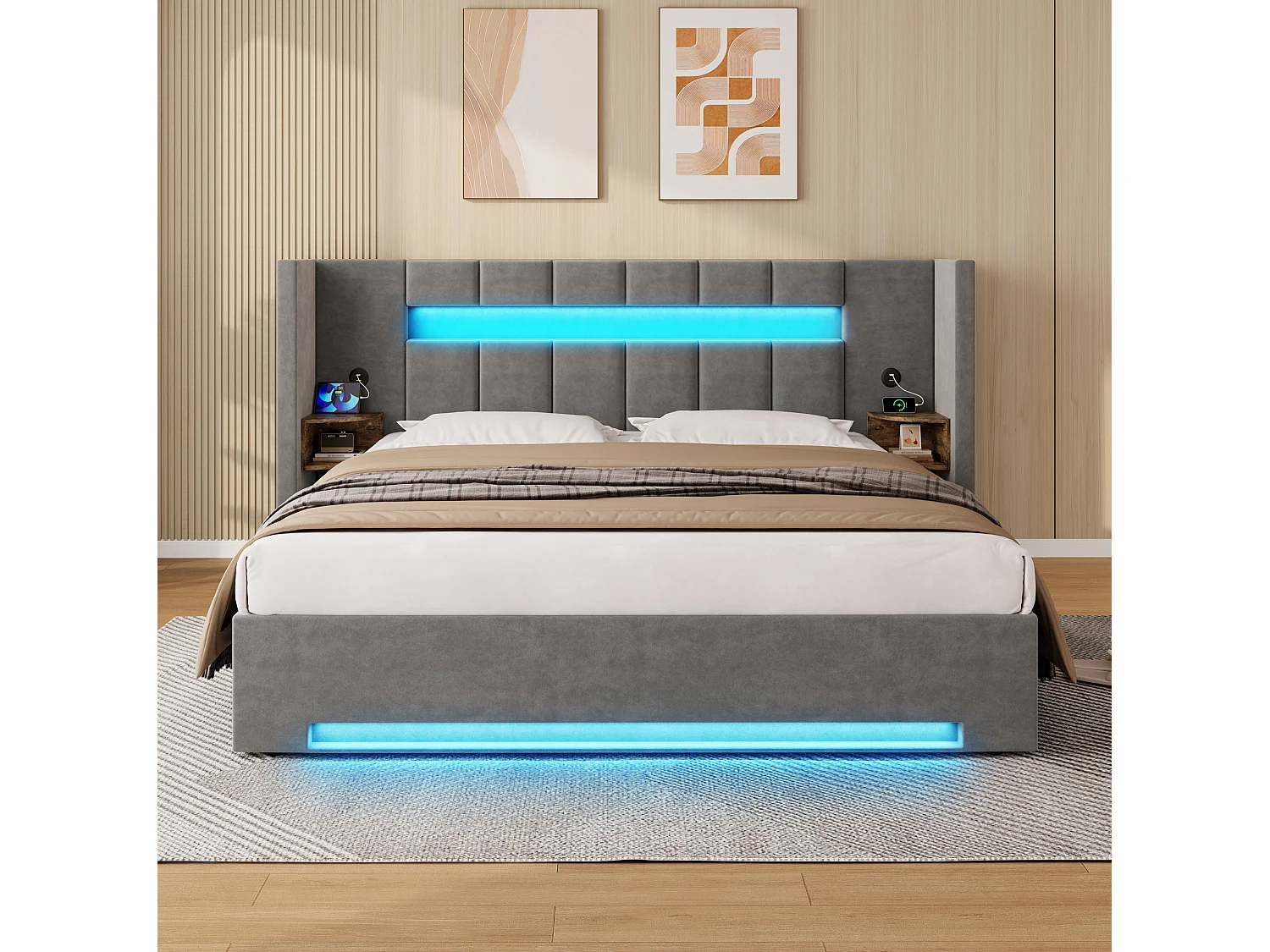 Lit coffre 180x200 cm en velours gris foncé avec tête de lit avec LED, table de chevet et 2 ports USB, sans matelas