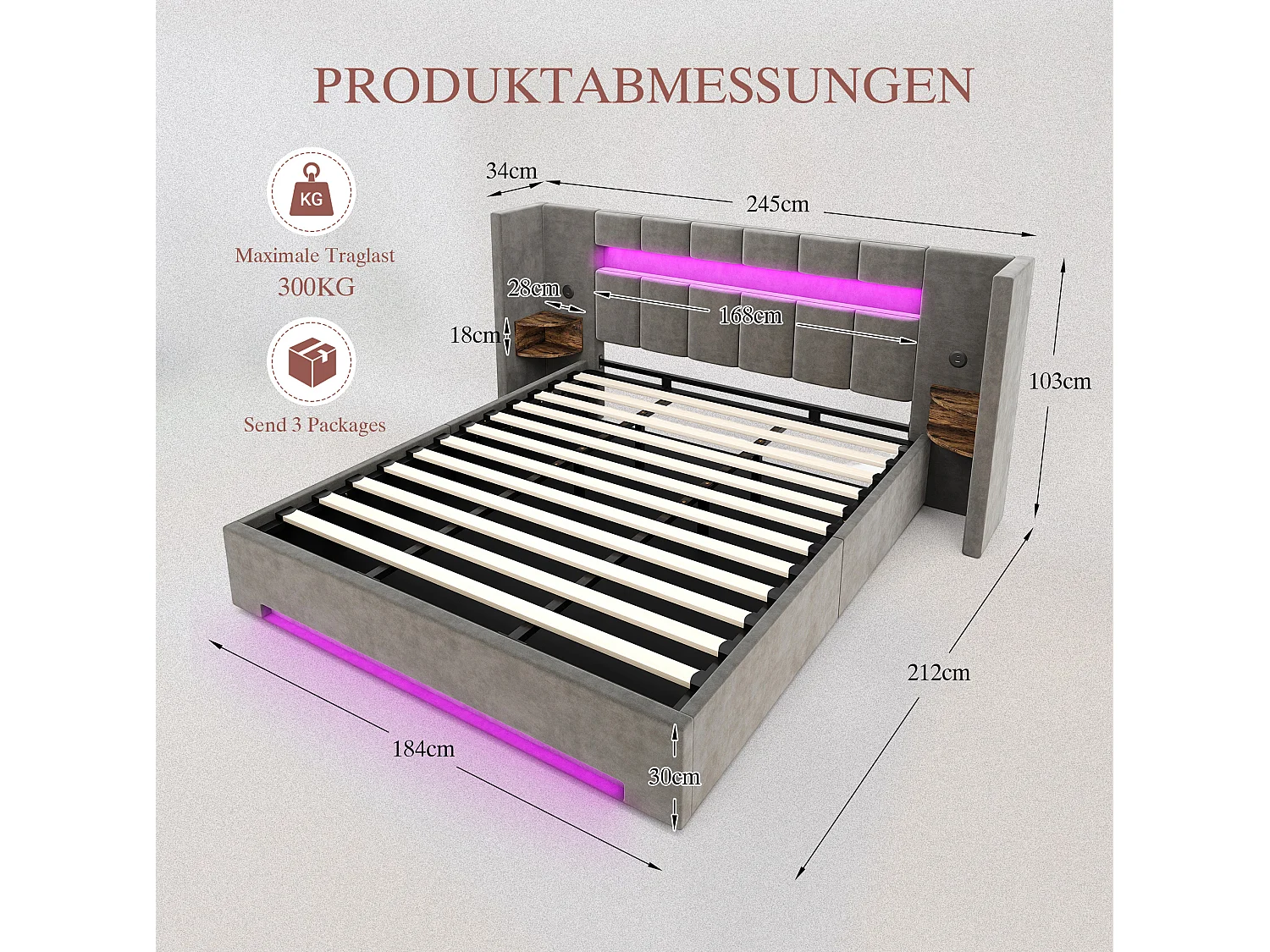 Lit coffre 180x200 cm en velours gris foncé avec tête de lit avec LED, table de chevet et 2 ports USB, sans matelas