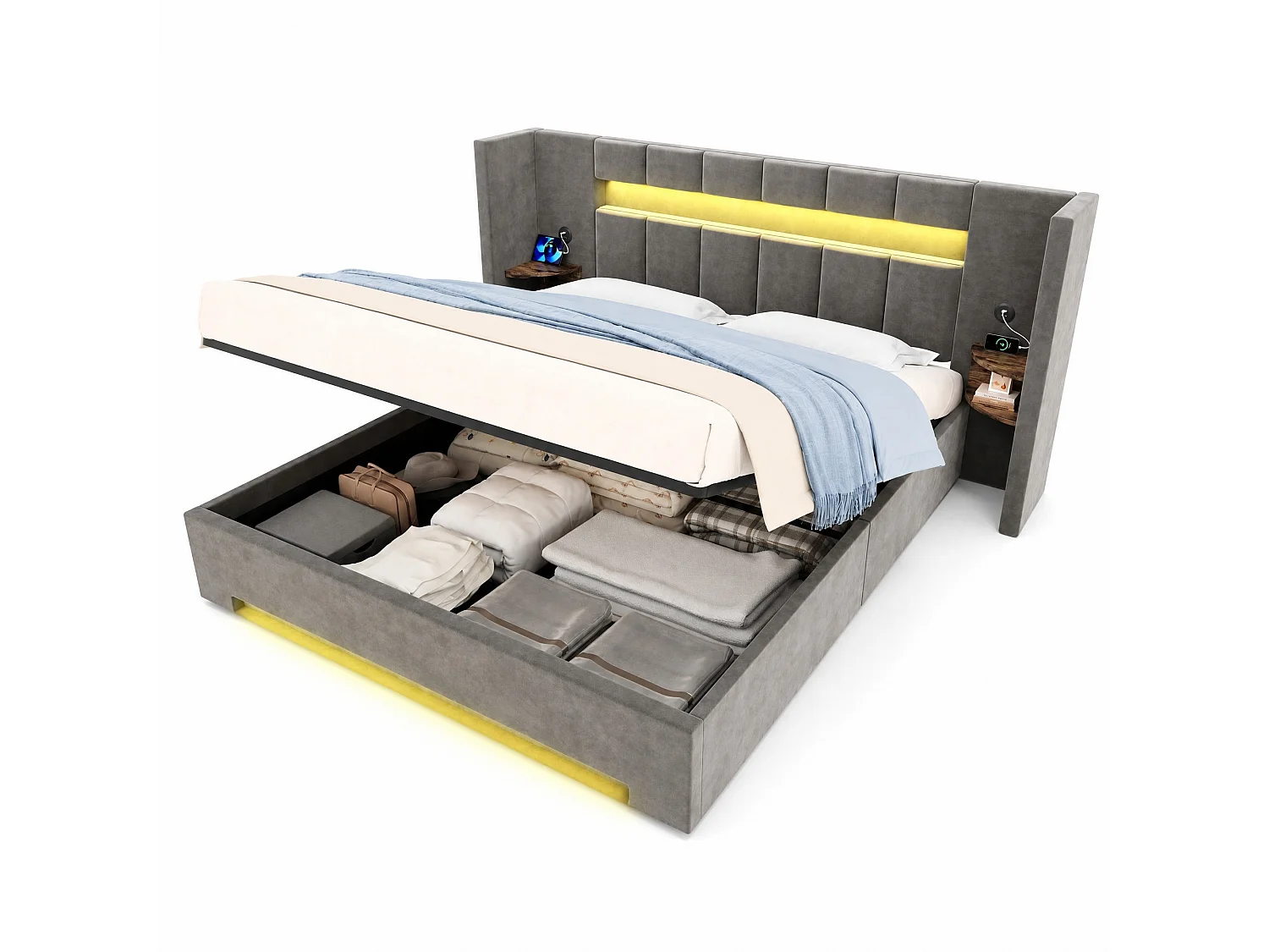 Lit coffre 180x200 cm en velours gris foncé avec tête de lit avec LED, table de chevet et 2 ports USB, sans matelas