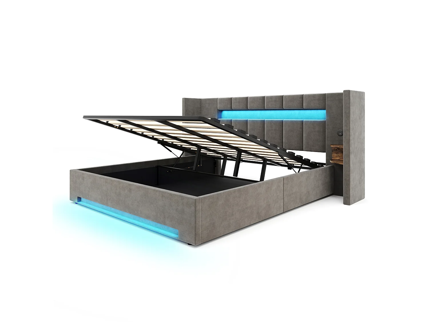 Lit coffre 180x200 cm en velours gris foncé avec tête de lit avec LED, table de chevet et 2 ports USB, sans matelas