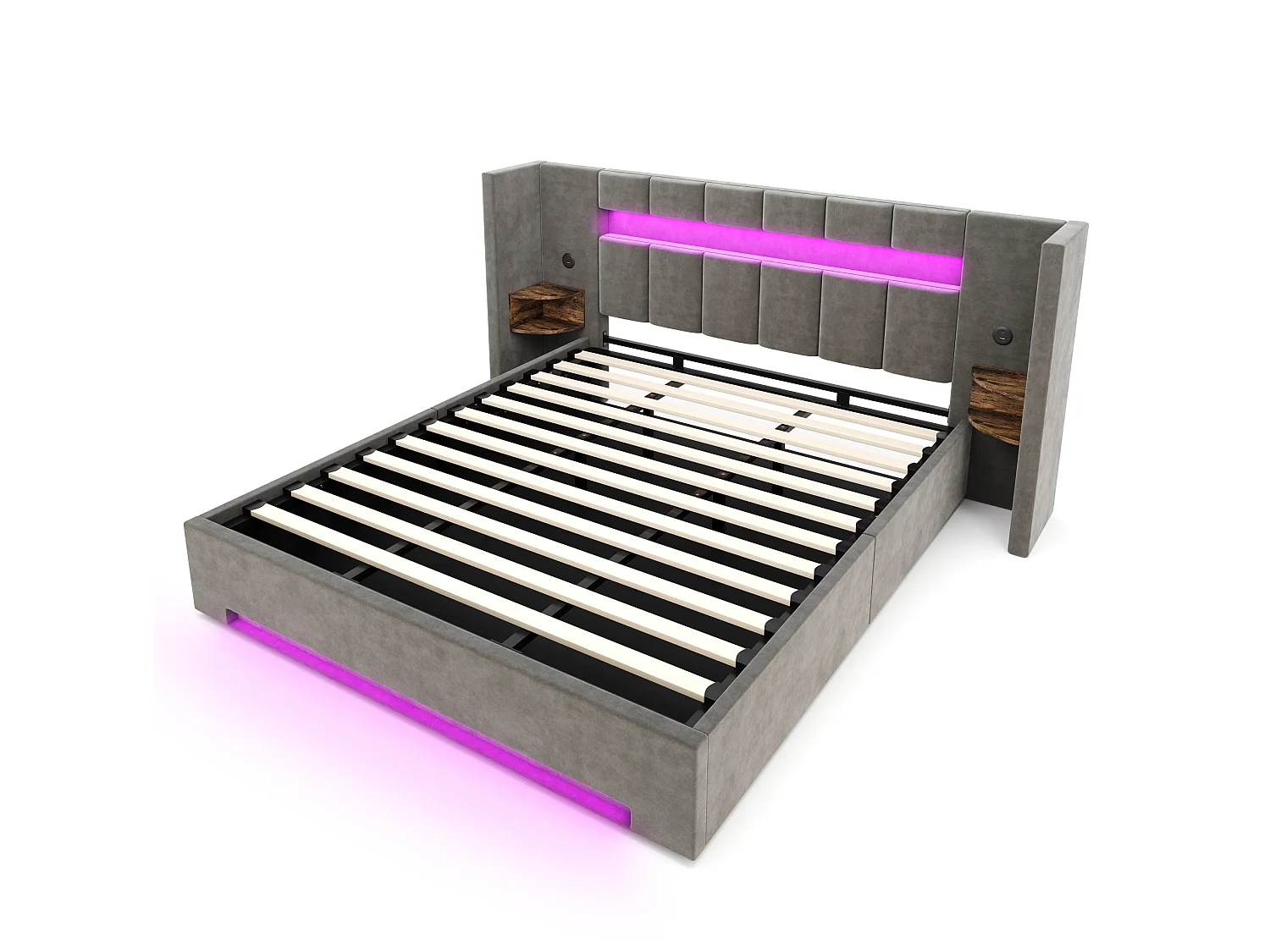 Lit coffre 180x200 cm en velours gris foncé avec tête de lit avec LED, table de chevet et 2 ports USB, sans matelas