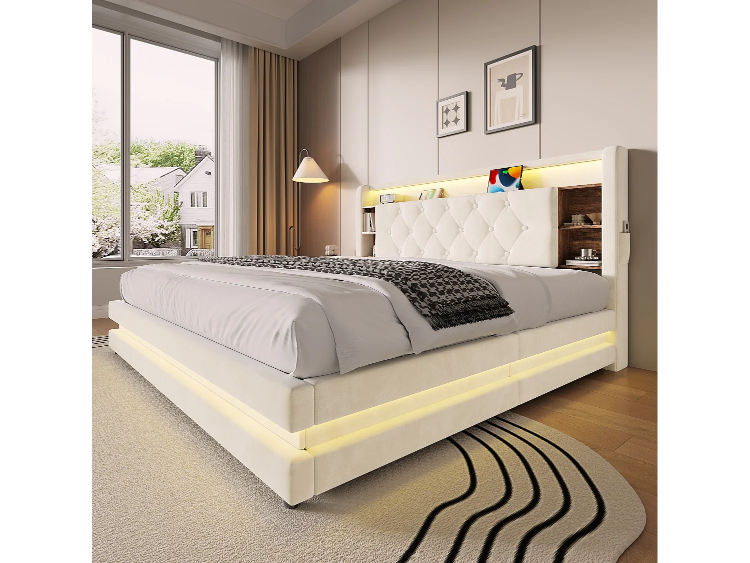 Bettkastenbett 160x200 cm aus beigem Velours, LED-Kopfteil mit USB- und USB-C-Anschlüssen, offene Regale, Lattenrost, ohne Matratze