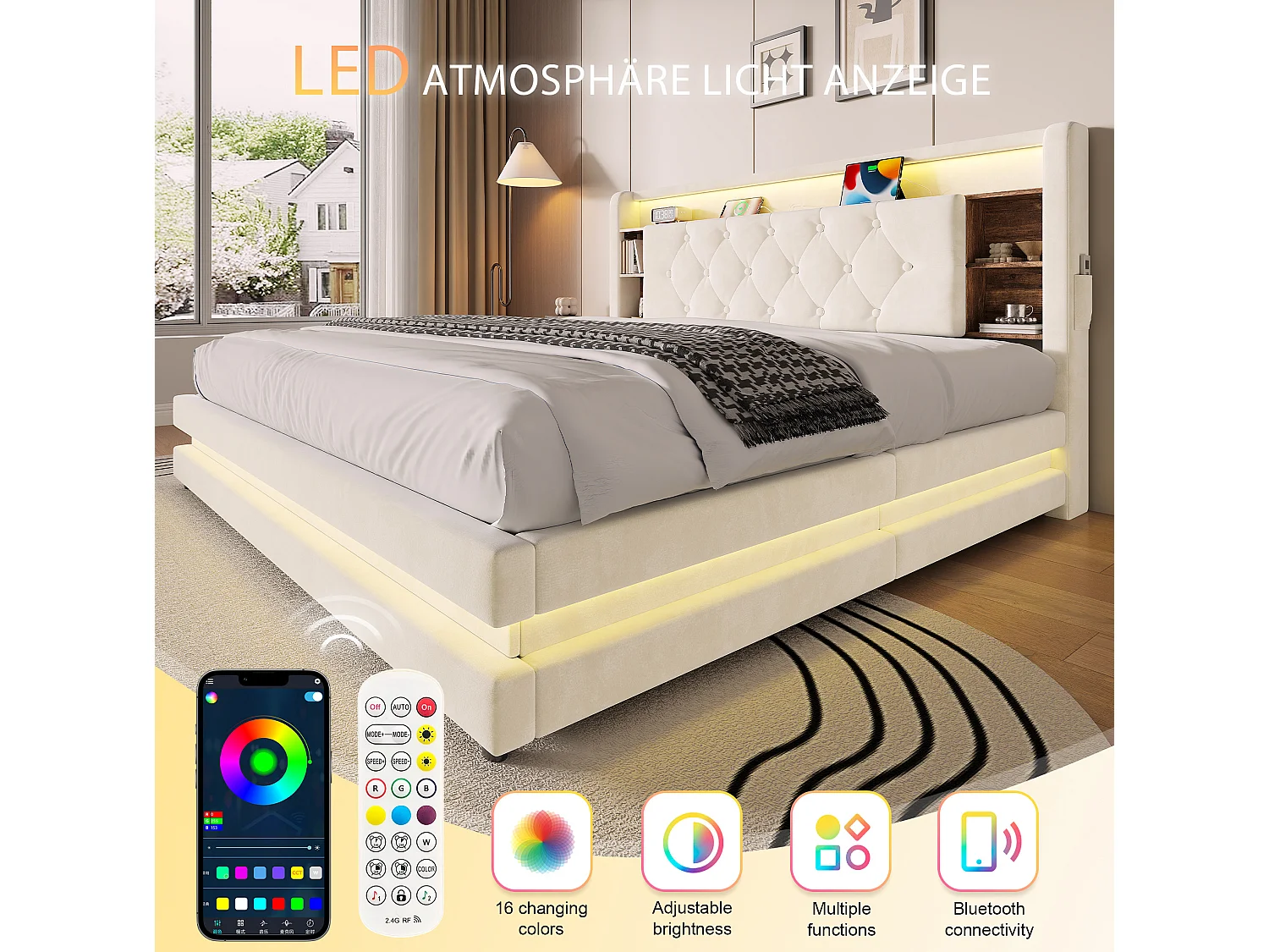 Bettkastenbett 160x200 cm aus beigem Velours, LED-Kopfteil mit USB- und USB-C-Anschlüssen, offene Regale, Lattenrost, ohne Matratze
