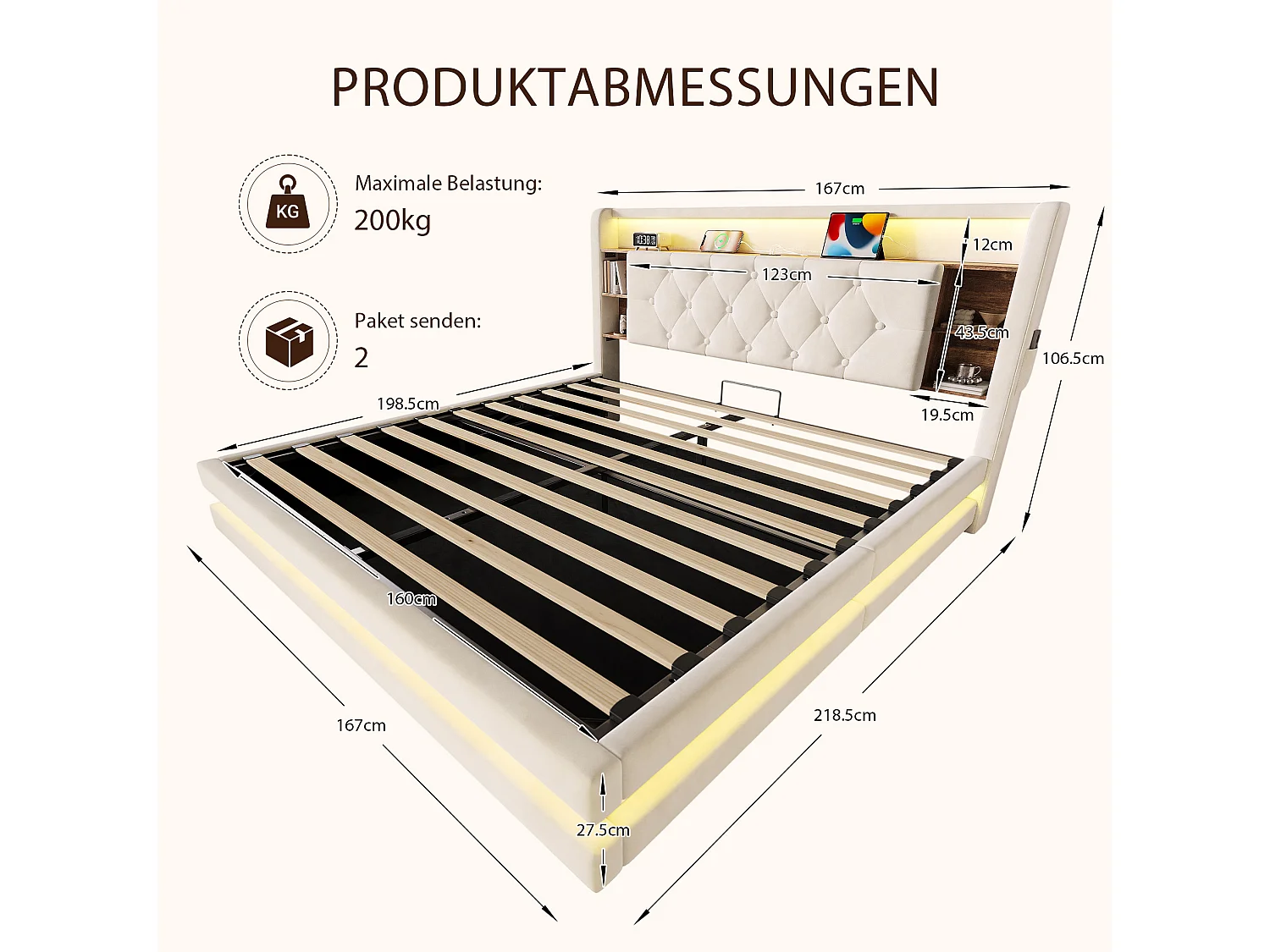 Bettkastenbett 160x200 cm aus beigem Velours, LED-Kopfteil mit USB- und USB-C-Anschlüssen, offene Regale, Lattenrost, ohne Matratze