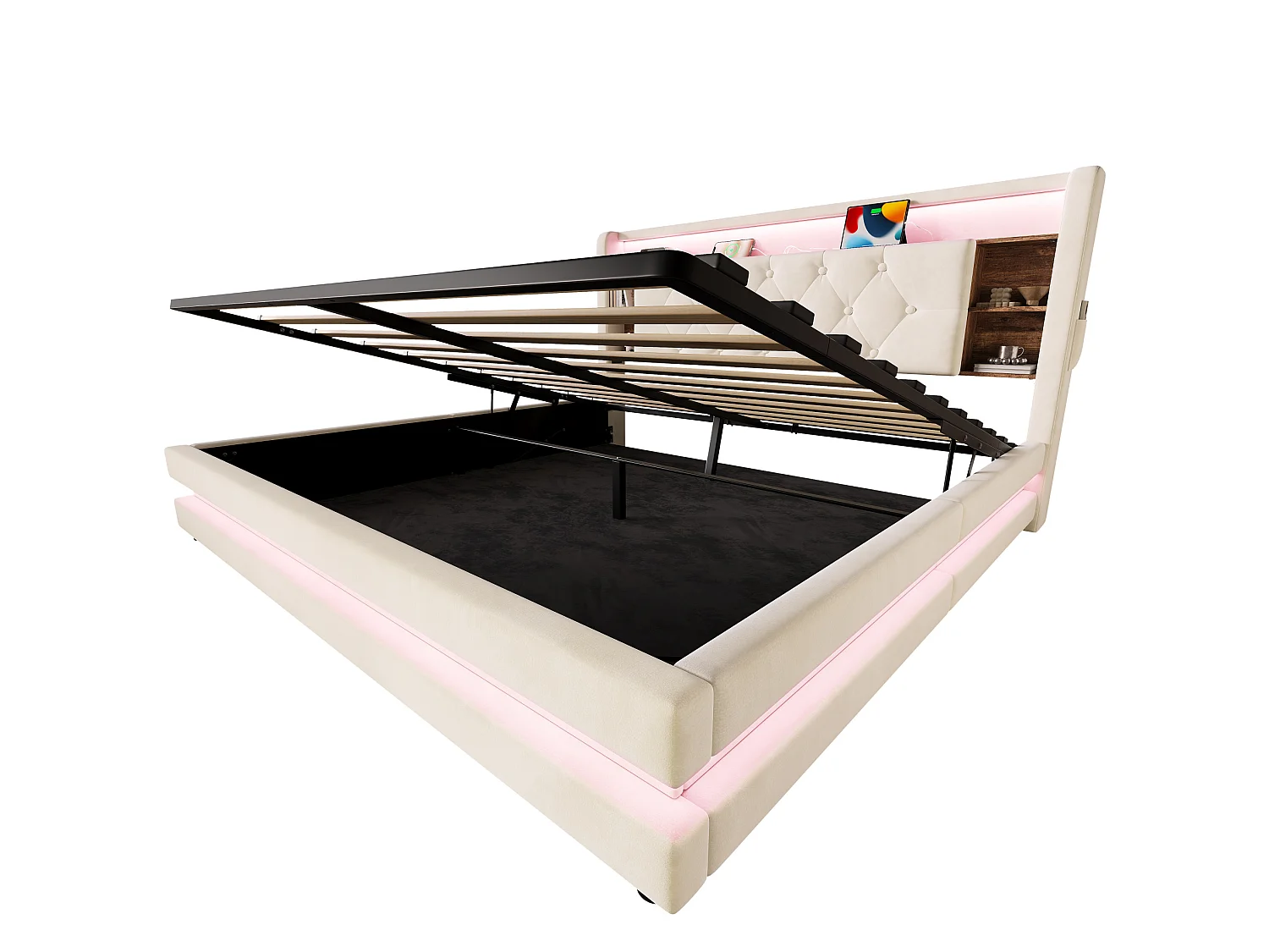 Bettkastenbett 160x200 cm aus beigem Velours, LED-Kopfteil mit USB- und USB-C-Anschlüssen, offene Regale, Lattenrost, ohne Matratze