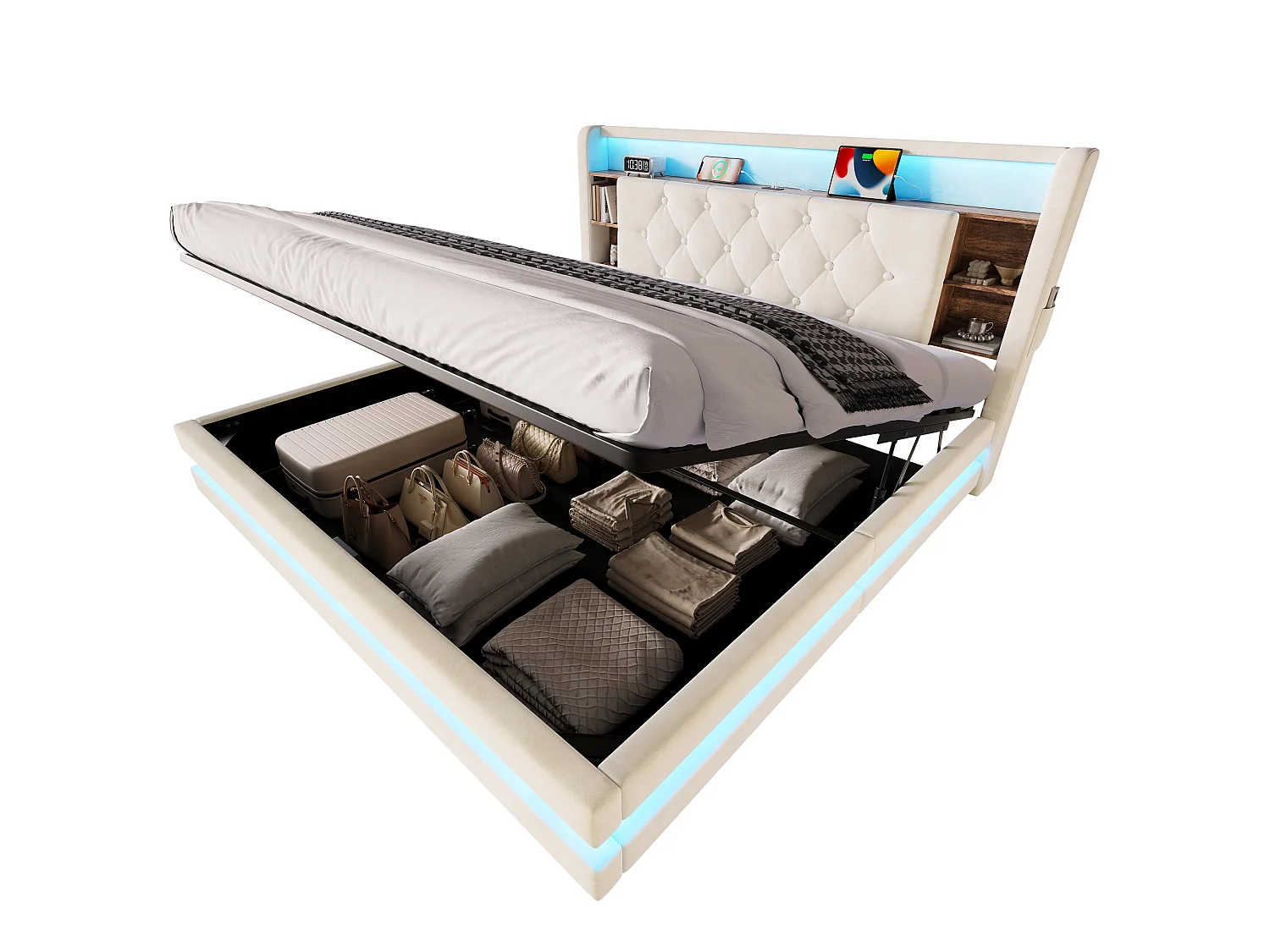 Bettkastenbett 160x200 cm aus beigem Velours, LED-Kopfteil mit USB- und USB-C-Anschlüssen, offene Regale, Lattenrost, ohne Matratze
