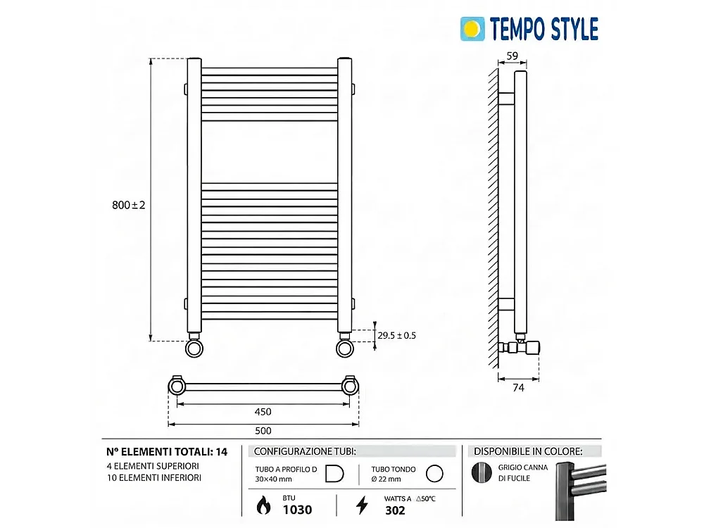 Tempo Style - Sèche-serviettes 800x500 mm | 302 W | Radiateur décoratif 1030 BTU à 14 éléments (4+10) – Gris canon de fusil